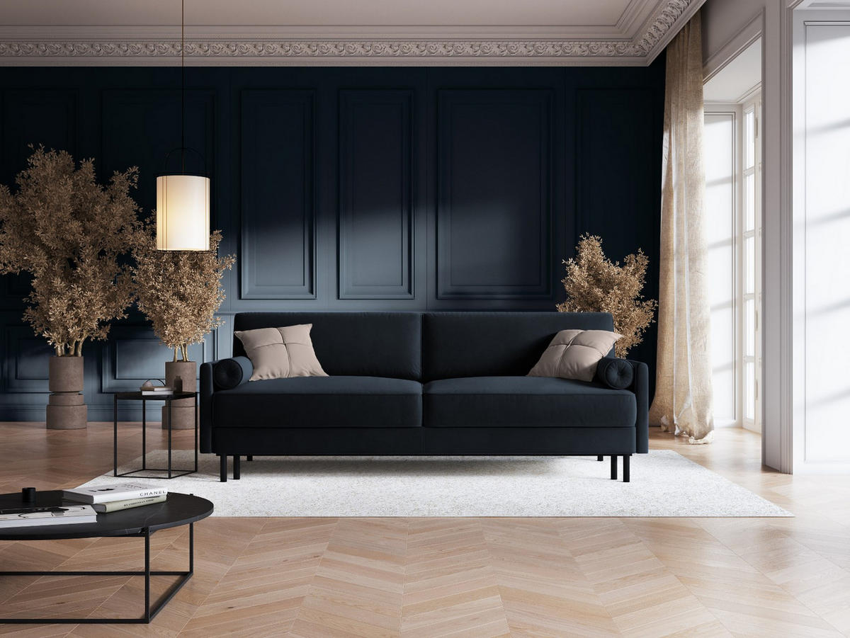 AUSKLAPPBARES-SOFA mit Bettkasten Scott aus Samt dunkelblau 3 Sitzplätze - Dunkelblau, Textil (97/87/212cm) - Micadoni