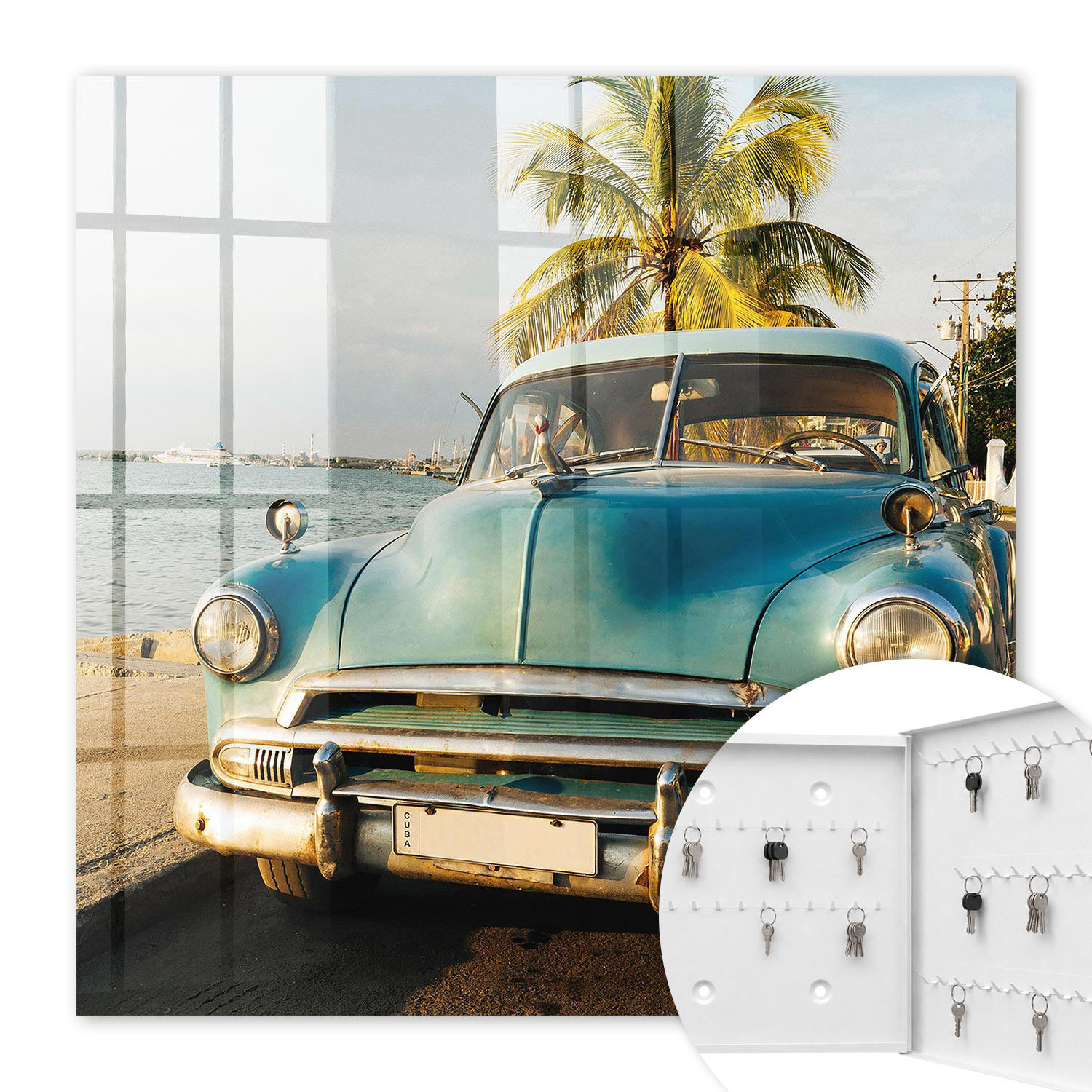 SCHLÜSSELBOX Weiß 30x30 cm – Türöffnung nach rechts - Retro-Auto - Blau, Metall (30/30/5cm) - TULUP