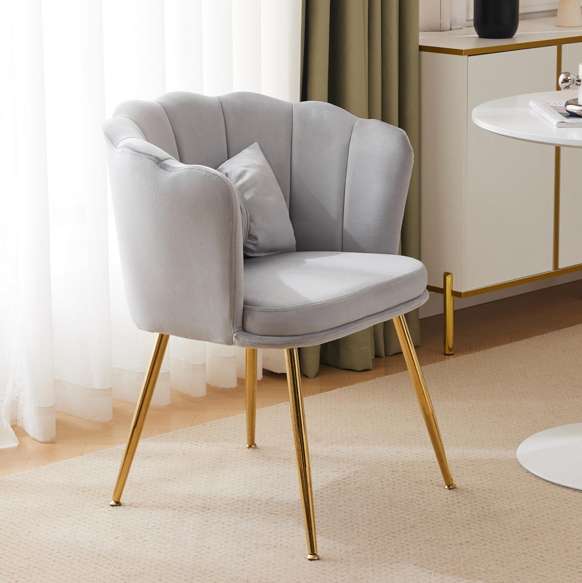 SESSEL 63x58x77 cm in Grau, Samt Blütenblatt, 9 cm Polster, vergoldete Metallbeine, ergonomisch - Grau, Textil (58/77/63cm) - Modfu