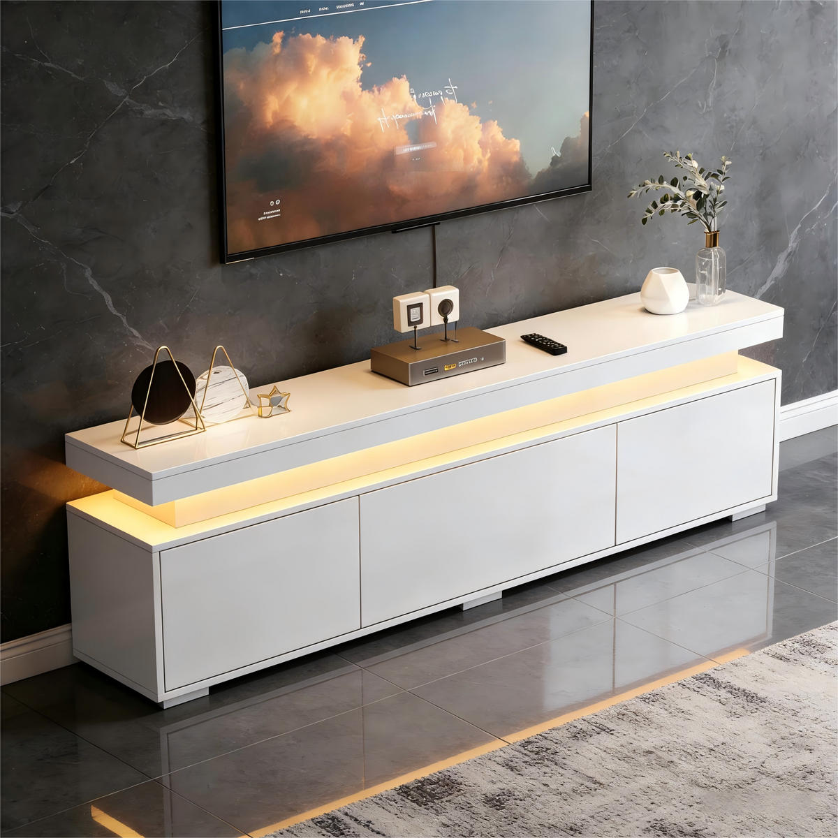 TV-LOWBOARD 150x35x43 cm Weiß LED 3 Türen Stauraum Spanplatte - Weiß, Holzwerkstoff (35/43/150cm) - FLIEKS