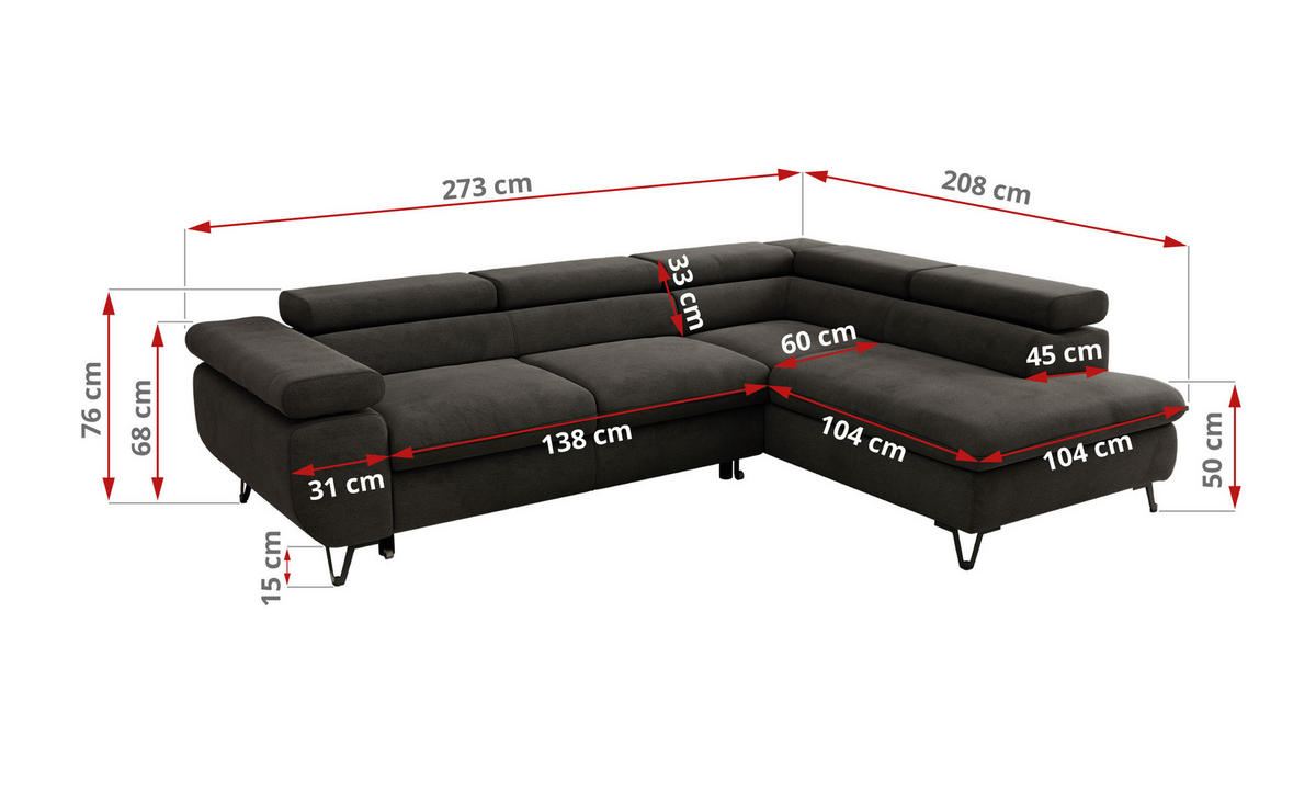 ECKSOFA PABLO L Dunkelgrau Velvet - Rechts Seite - Dunkelgrau/Schwarz, Textil/Metall (273/208cm) - MKS