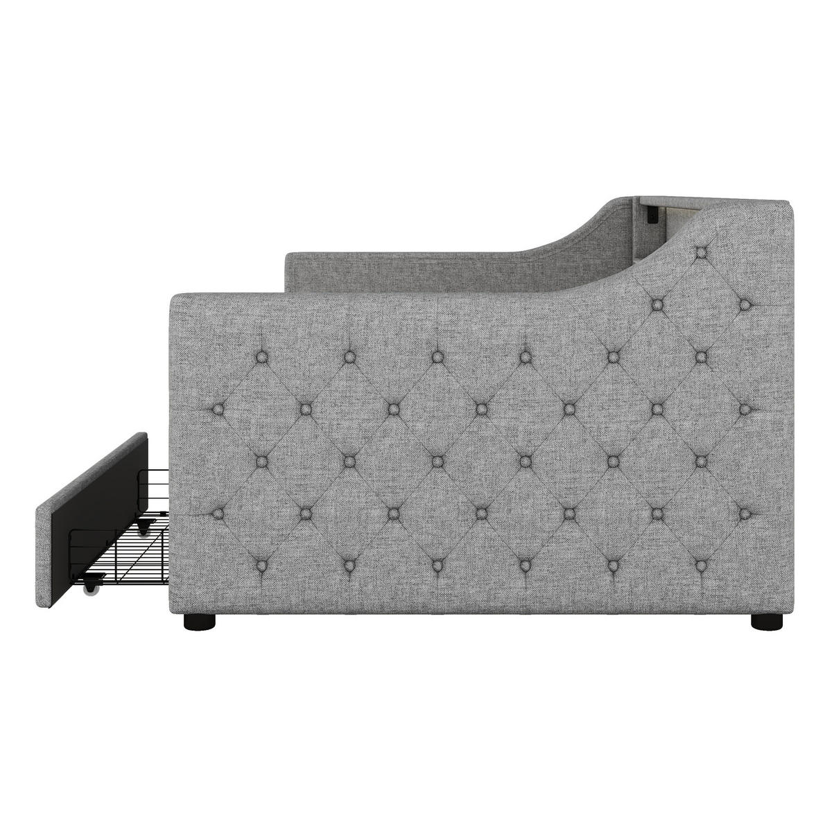 POLSTERBETT aus Leinen 90x200 cm in Grau mit LED & USB & 2 Schubladen - Grau, Textil (90/200cm) - Modfu