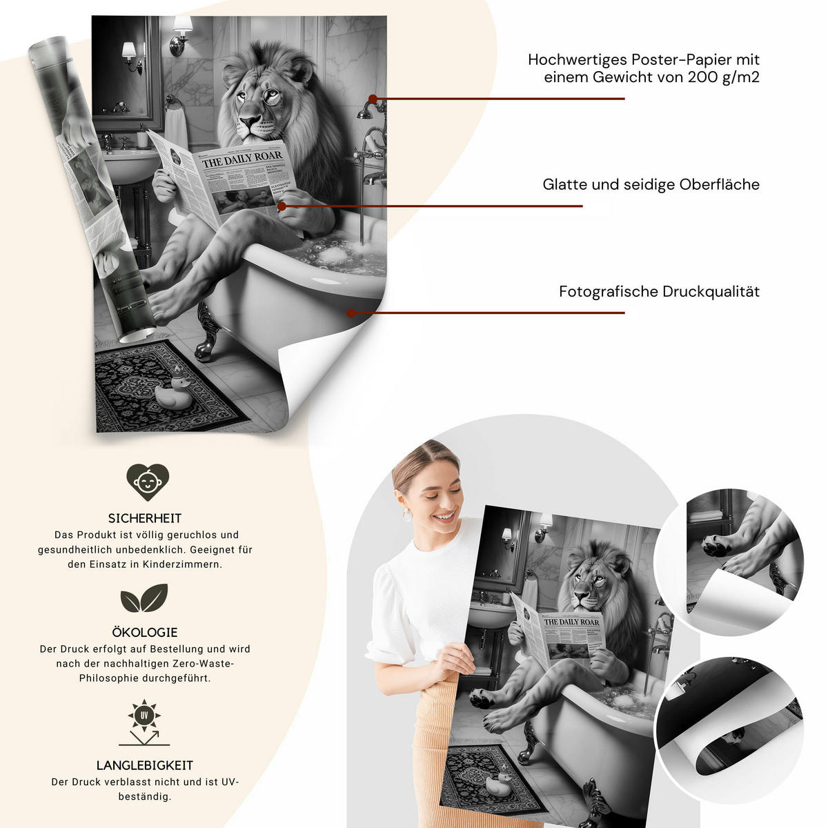 POSTER für Badezimmer WC LÖWE in Badewanne Zeitung Abstraktion 20x30cm - Schwarz/Weiß, Papier (20/30/1cm) - Muralo