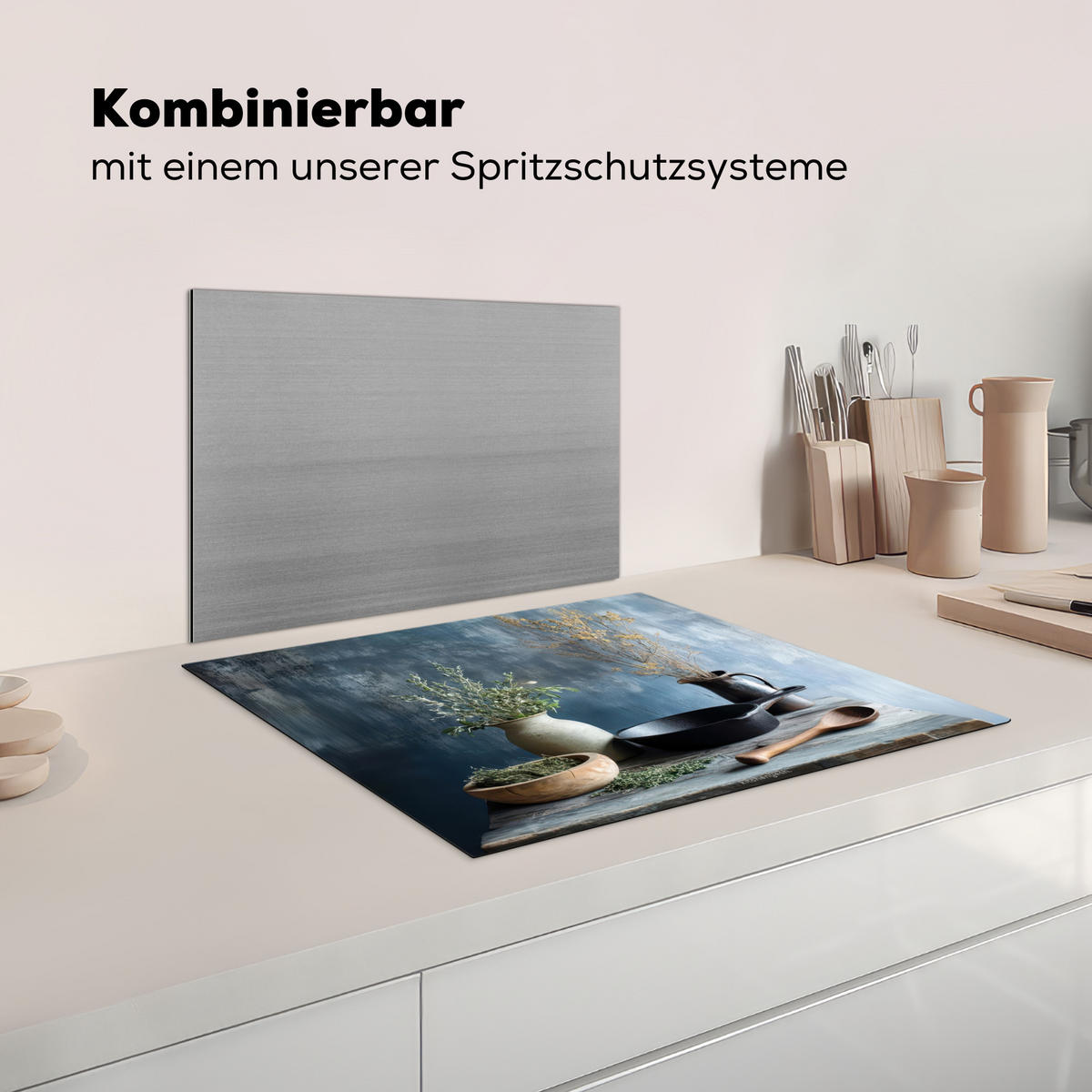 HERDABDECKPLATTE Stilleben - Kräuter - Rustikal Herdabdeckung Induktionsfeld 65x52 cm - Blaugrau, Kunststoff (65/52/0.2cm) - MuchoWow