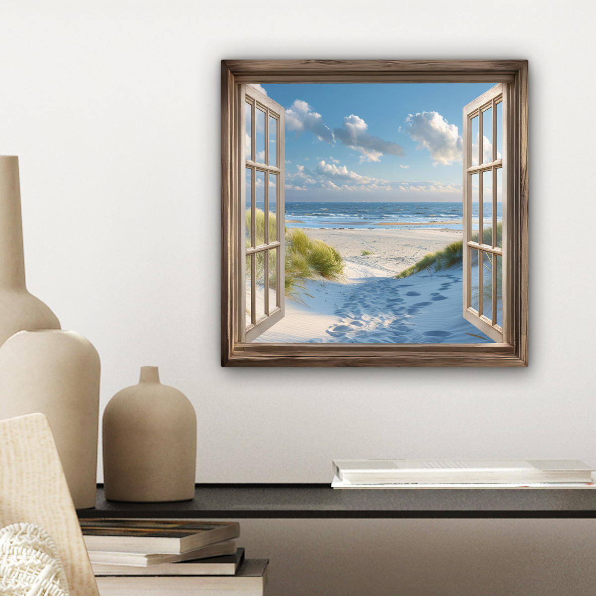 LEINWANDBILD Aussicht - Strand - Fenster - Dünen - Meer 20x20 cm - Hellblau, Textil (20/20cm) - MuchoWow