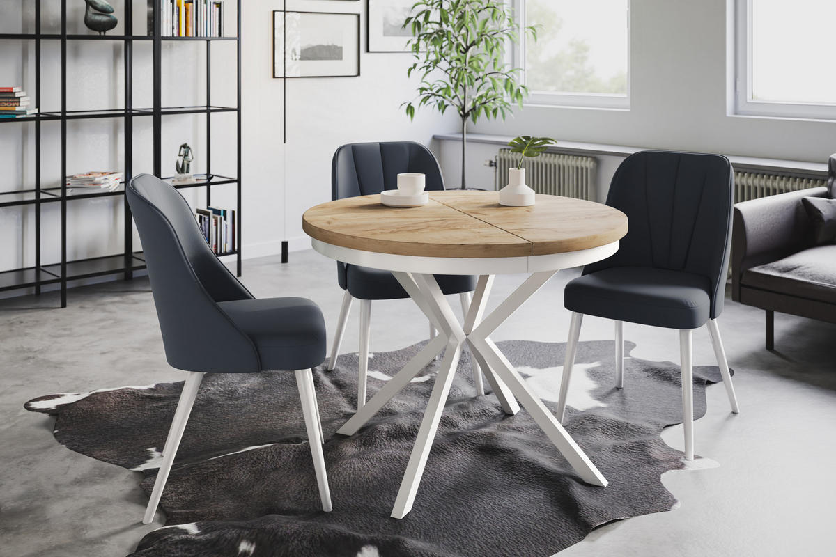 ESSZIMMERTISCH BERGO, ausziehbarer Tisch 90 cm/170 cm, Farbe: Braun, mit Metallbeinen in Farbe Weiß - Weiß/Braun, Holzwerkstoff (90/90/76cm) - Alpi-Möbel