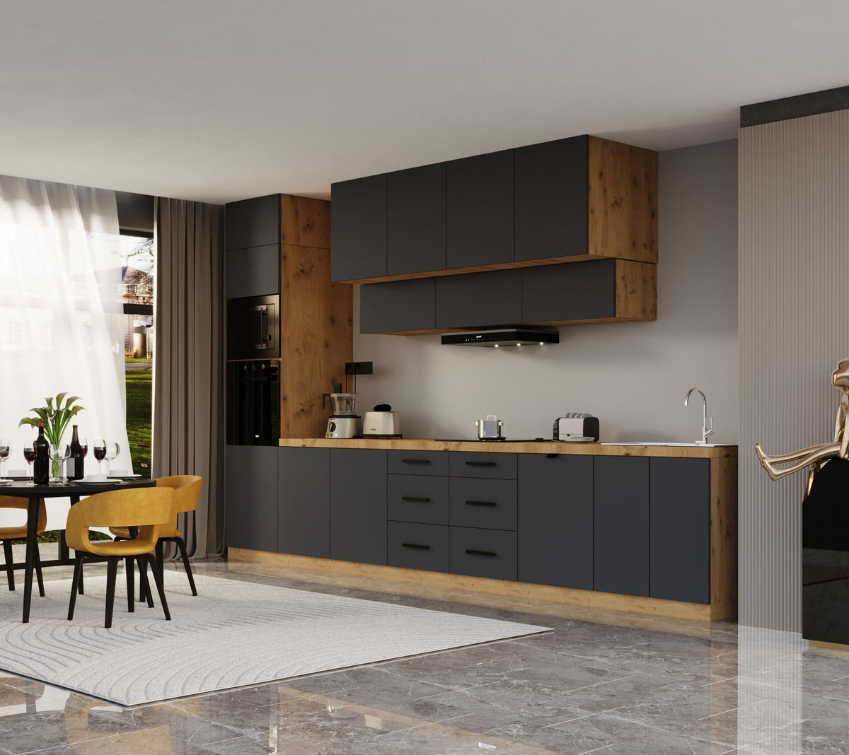 KÜCHENZEILE 440 cm - Langen KL8-M440 in Grau/Matt - Schwarz/Grau, Holz/Metall (440/248/58cm)