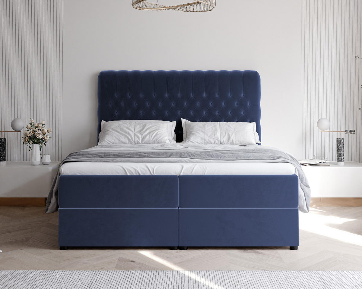 BOXBETT ALBA 180/200 cm, in Dunkelblau, mit Matratze und Topper - Dunkelblau, Holzwerkstoff/Textil (180/200cm) - Idohome