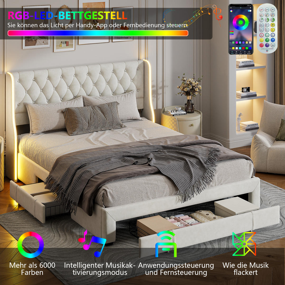 POLSTERBETT 160x200 cm, Beige, LED-Beleuchtung und 3 Schubladen - Beige, Textil/Metall (160/200cm)