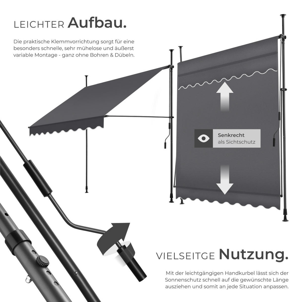 KLEMMMARKISE ,einfache Montage,schwarz/grau - Schwarz/Grau, Kunststoff (200/304/180cm) - tectake