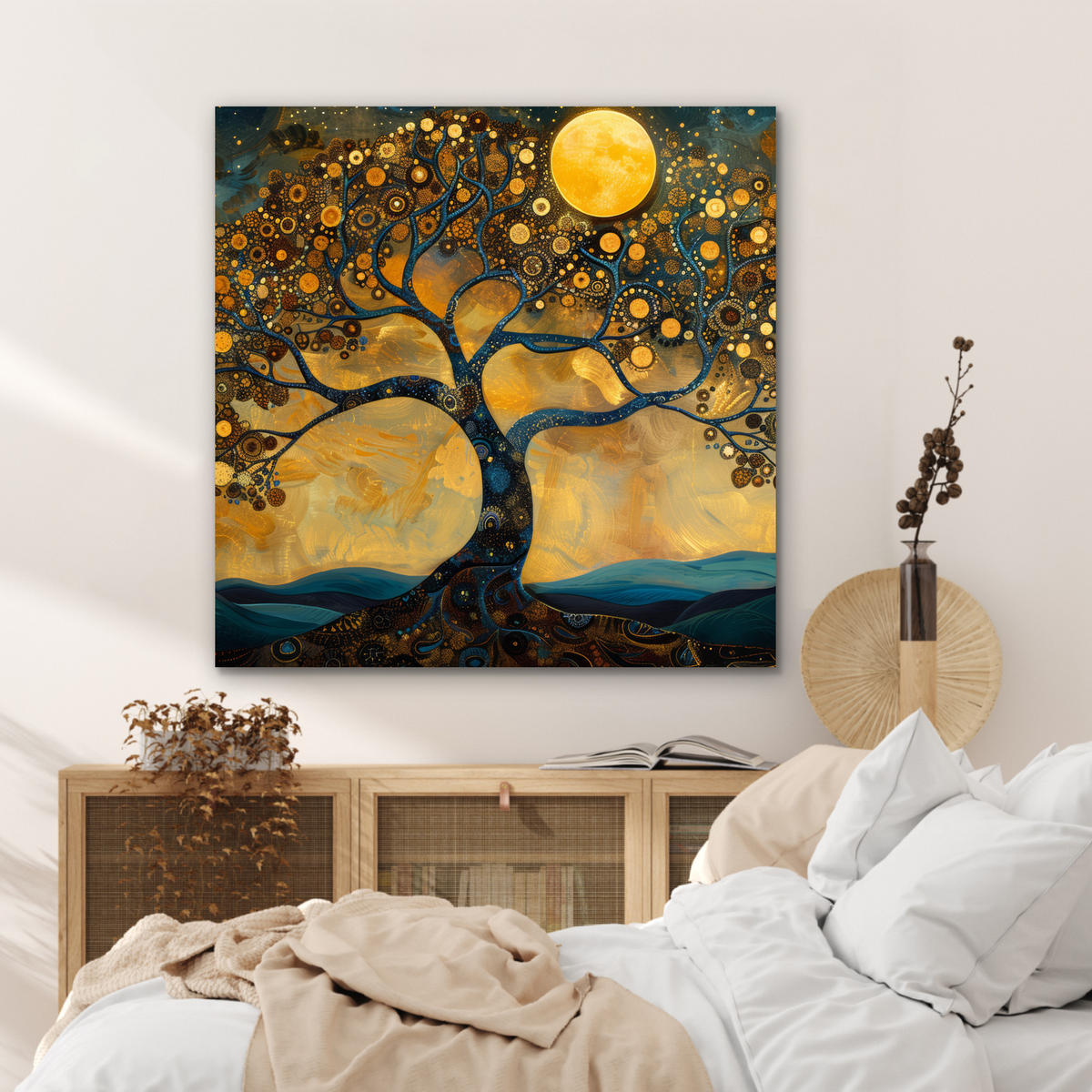METALLBILD Baum - Mond - Blumen - Gold - Kunst 90x90 cm - Orange, Metall (90/90cm) - MuchoWow