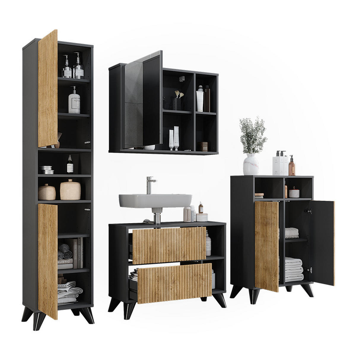 BADMÖBEL-SET Leano Anthrazit/Bergeiche 80 cm, Set 4 - Eichefarben/Anthrazit, Holzwerkstoff (80/62/30cm) - Vicco