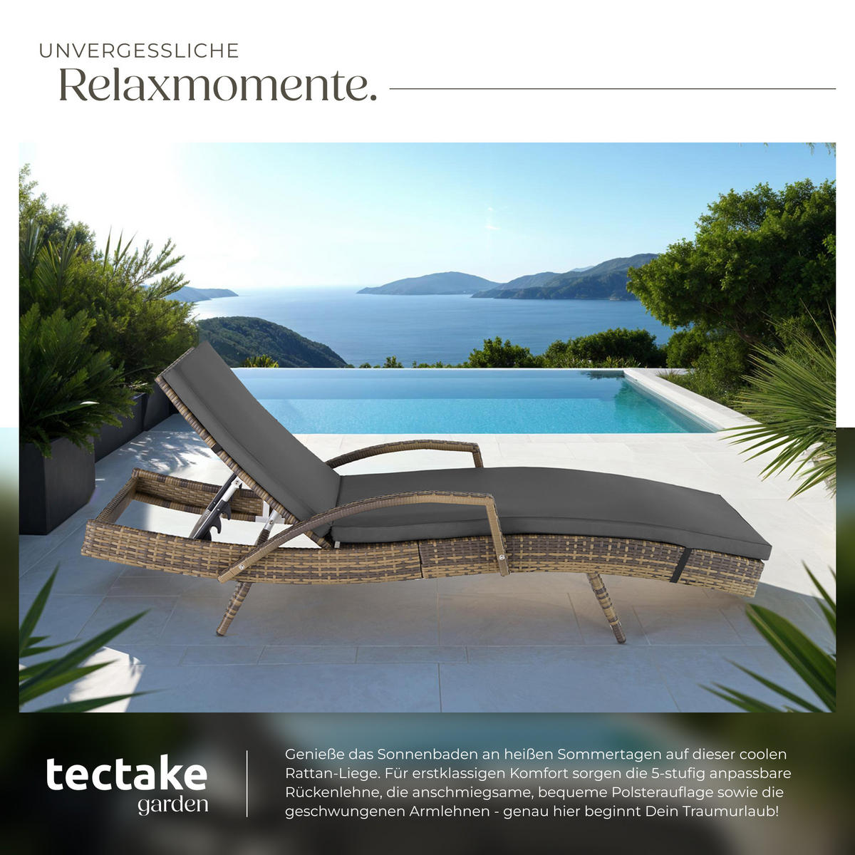 RATTAN-SONNENLIEGE Océane,190 x 71 x 34 – 74,5 cm,natur - Naturfarben, Kunststoff (71/74.5/190cm) - tectake