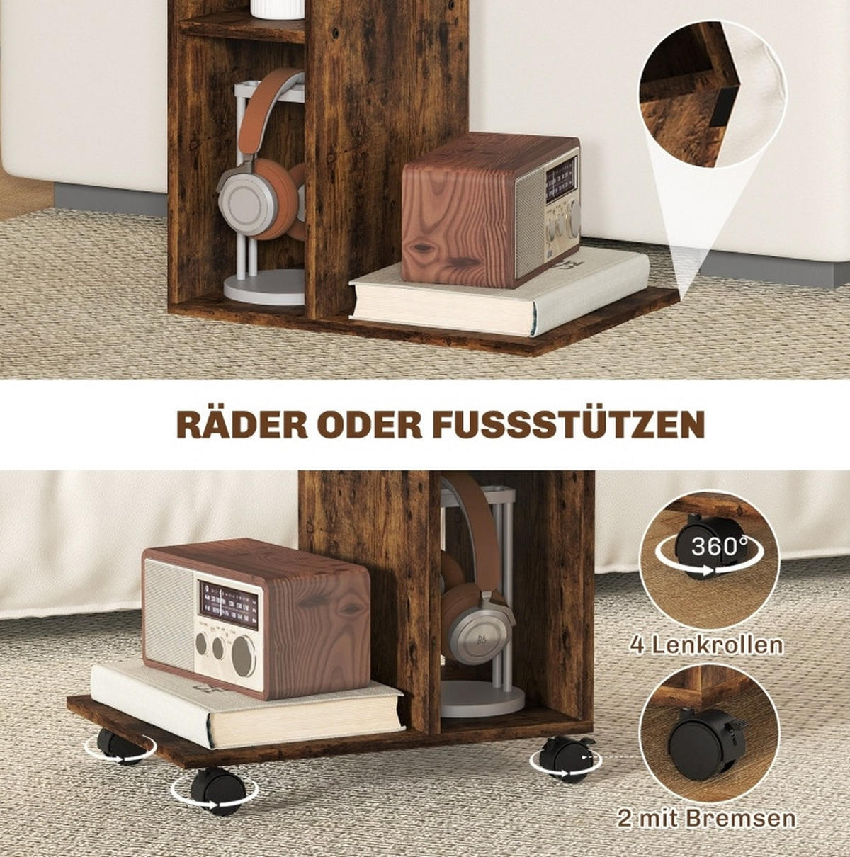 BEISTELLTISCH 40/30/69 cm in Rustikalbraun mit 3 Fächern und 4 Rollen - Braun, Holz (40/30/69cm) - Flora Grace