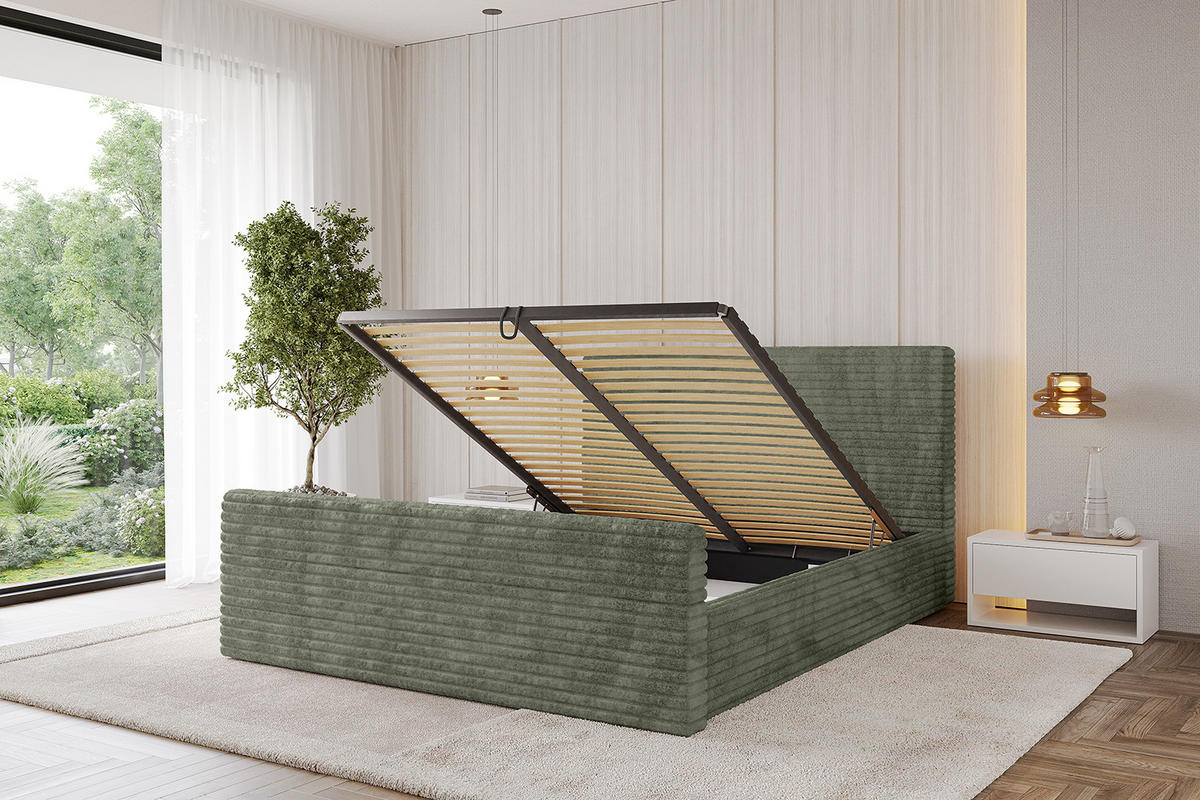 POLSTERBETT mit Bettkasten, Fußteil und Lattenrost, Boxbett ohne Matratze - ALOVA-Z - Olivgrün, Holzwerkstoff/Textil (140/200cm) - ALTDECOR