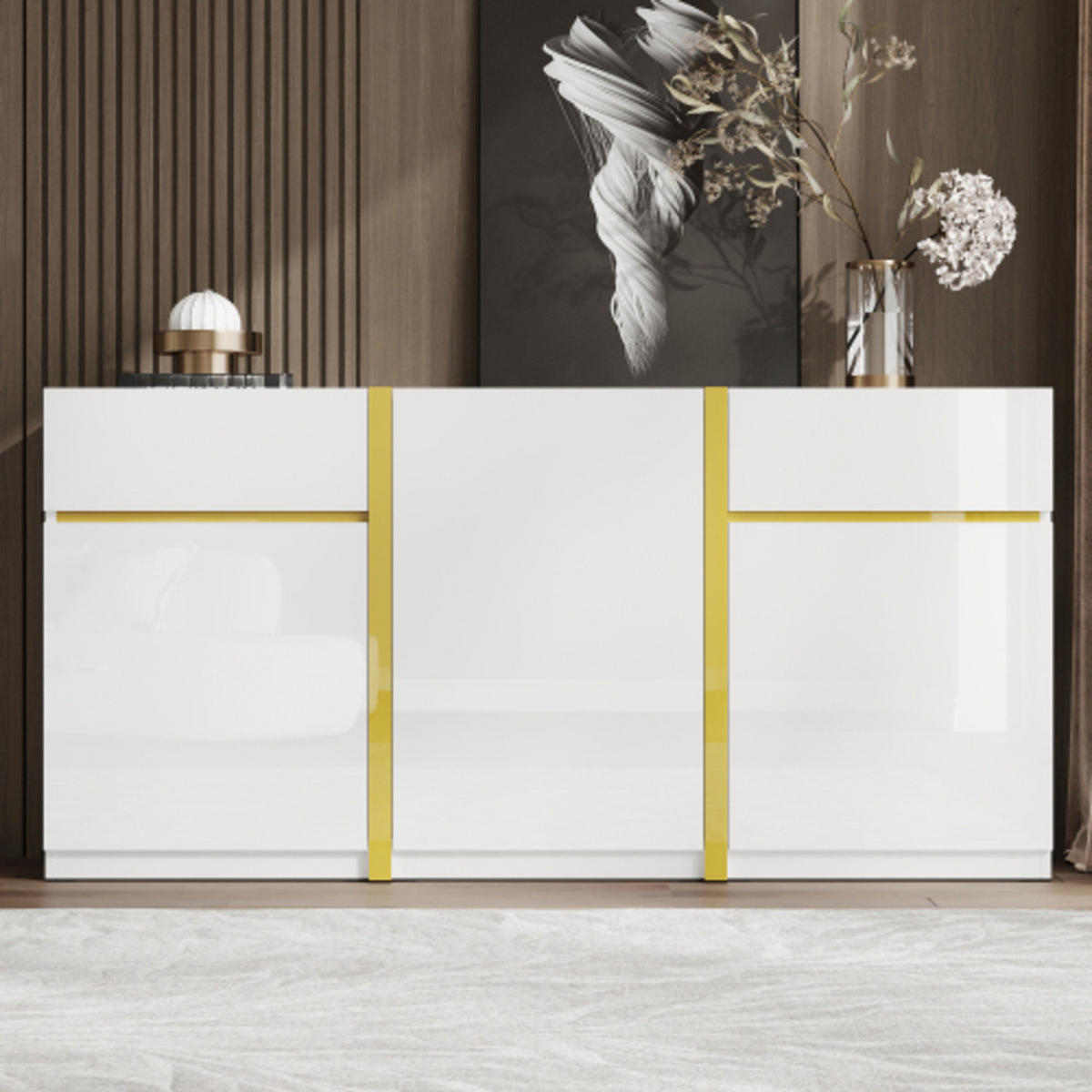 SIDEBOARD mit Goldverzierungen weiß Hochglanz 160×40×78 cm aus Spanplatte und MDF - Weiß, Holzwerkstoff (160/78/40cm) - Luhomfu