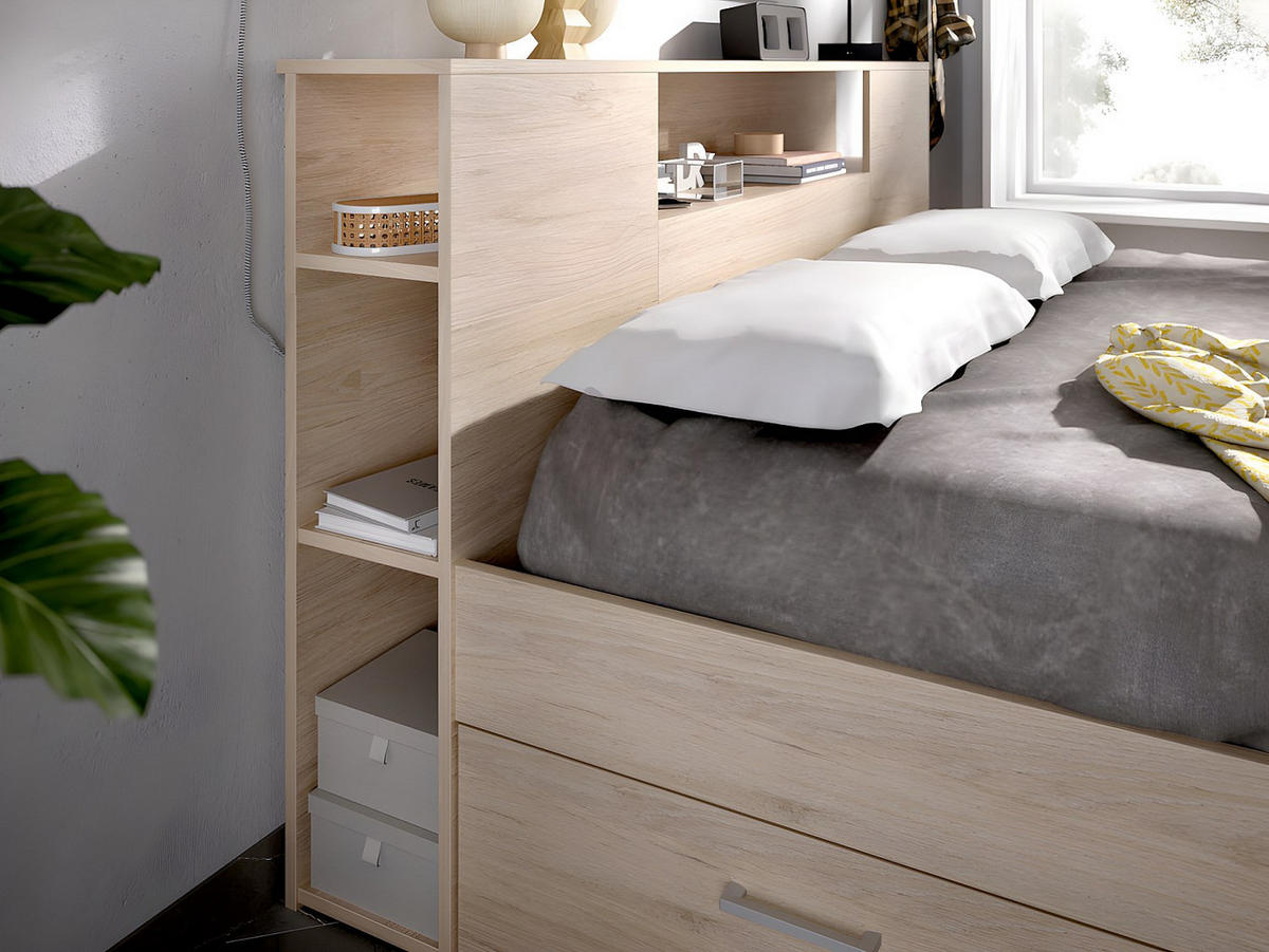 BETT mit Kopfteil, Stauraum & Schubladen + Lattenrost - 140 x 190 cm - Naturfarben - LEANDRE - Naturfarben, Holz (140/190cm) - Vente-Unique