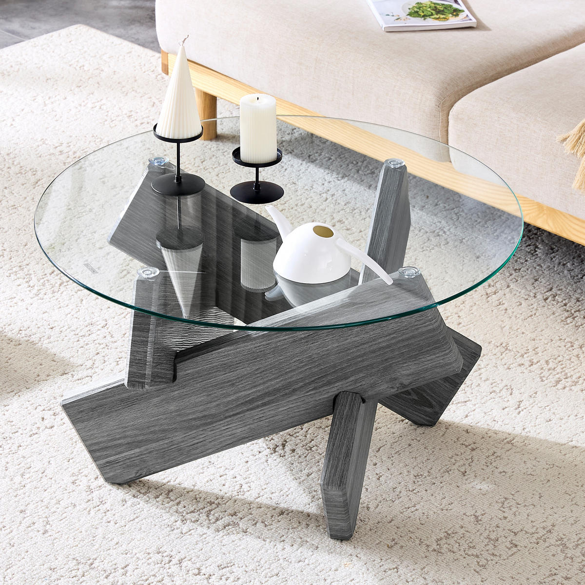 COUCHTISCH in Grau Wohnzimmertisch mit Kreativer kreuzförmiger Holzrahmen für Wohnzimmer, B79/T79/H45 cm - Transparent/Grau, Glas/Holzwerkstoff (79/79/45cm) - STILVORA