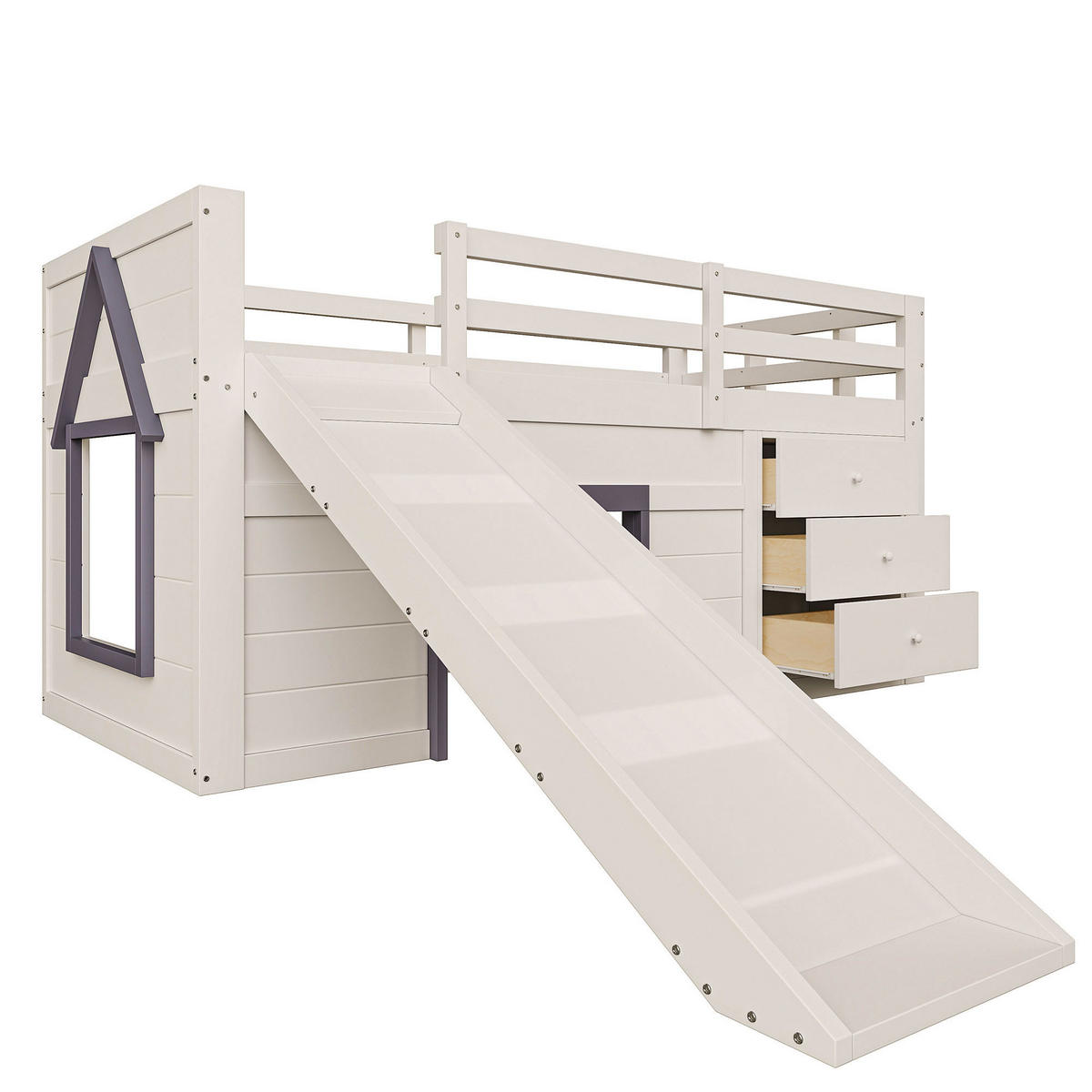 HOCHBETT 90x200cm, Rutsche, 3 Schubladen, 2 Türen, Creme - Creme, Holzwerkstoff (90/200cm)