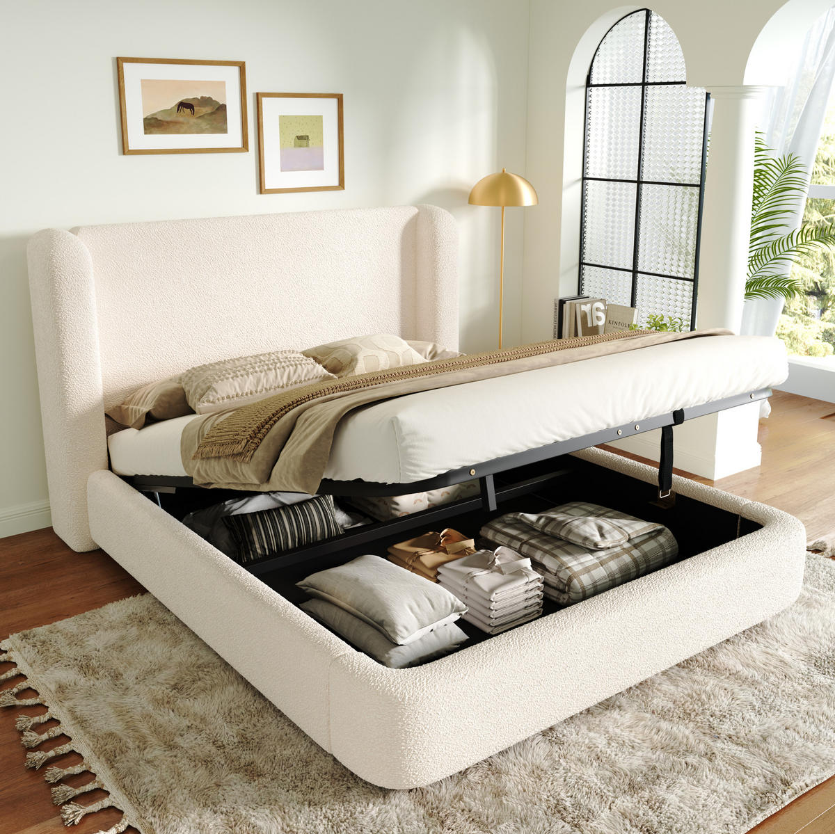 BETT mit Stauraum und Lattenrost Bouclé Beige - Beige, Metall (160/200cm) - Meubliv