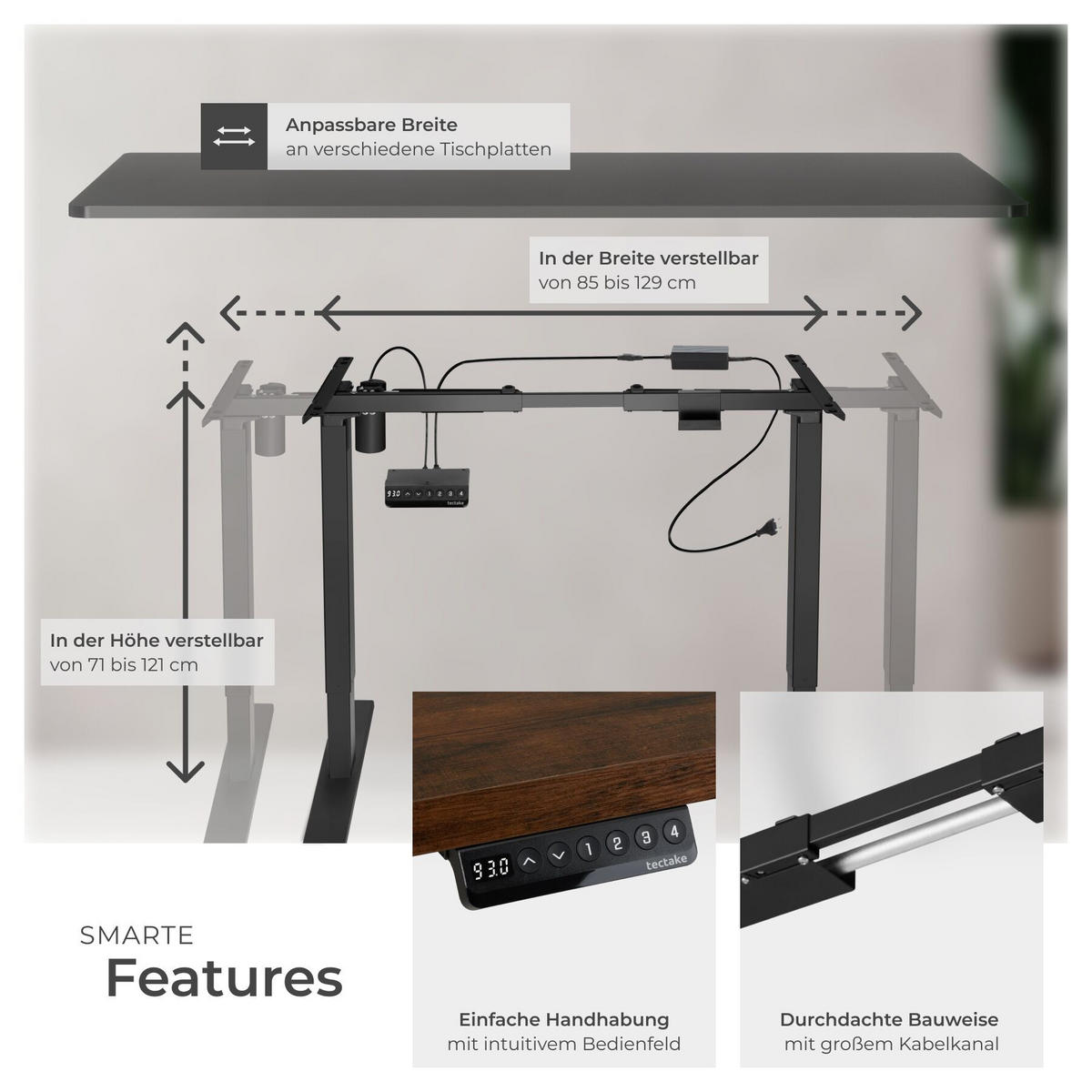 TISCHGESTELL Piotr, 85 - 129 x 65 x 71 - 121 cm, schwarz - Schwarz, Metall (129/65/121cm) - tectake