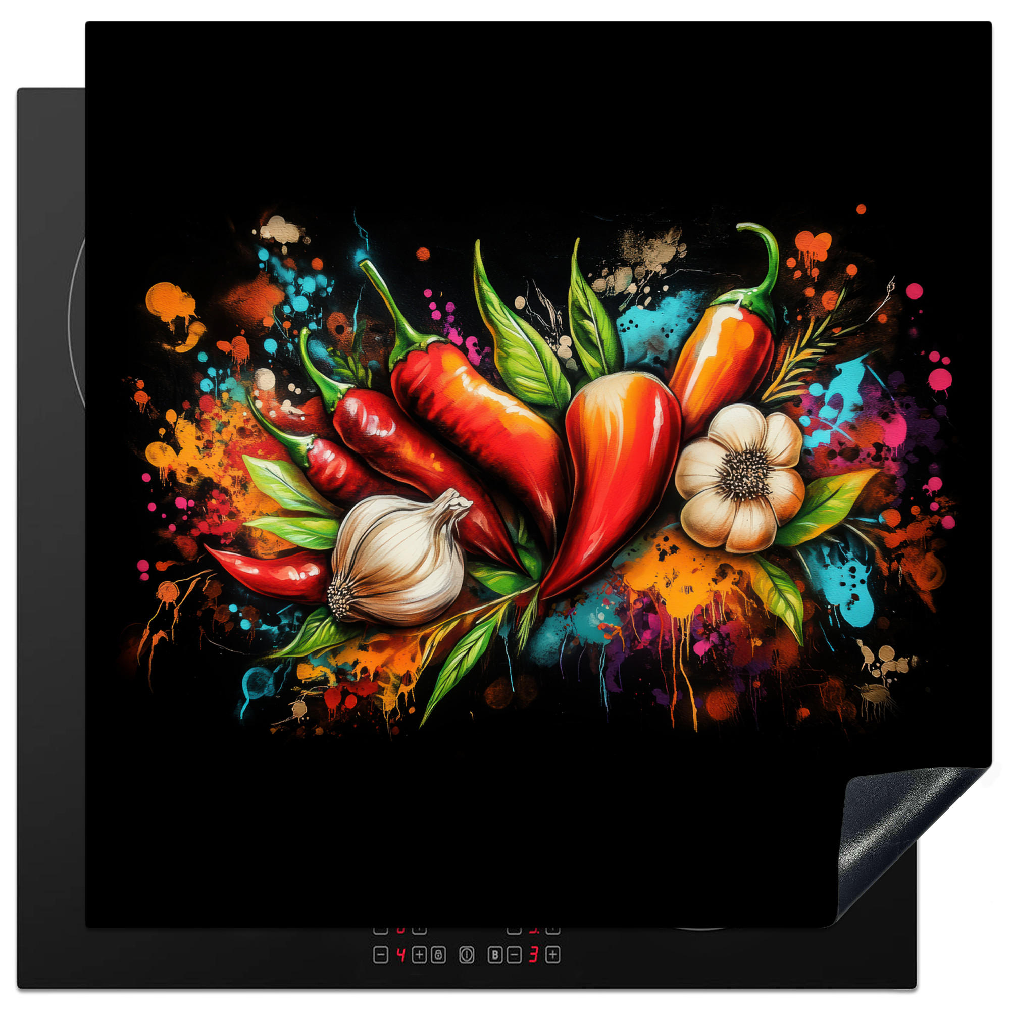 HERDABDECKPLATTE Gemüse - Paprika - Knoblauch - Graffiti - Farbe - Bunt 78x78 cm - Rot, Kunststoff (78/0.2/78cm) - MuchoWow