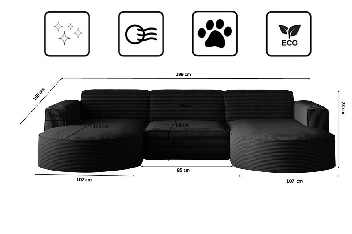 ECKSOFA Designer MODENA U STUDIO Stoff Dicker Cord Schwarz - Schwarz, Holz (165/299cm) - Kaiser Möbel