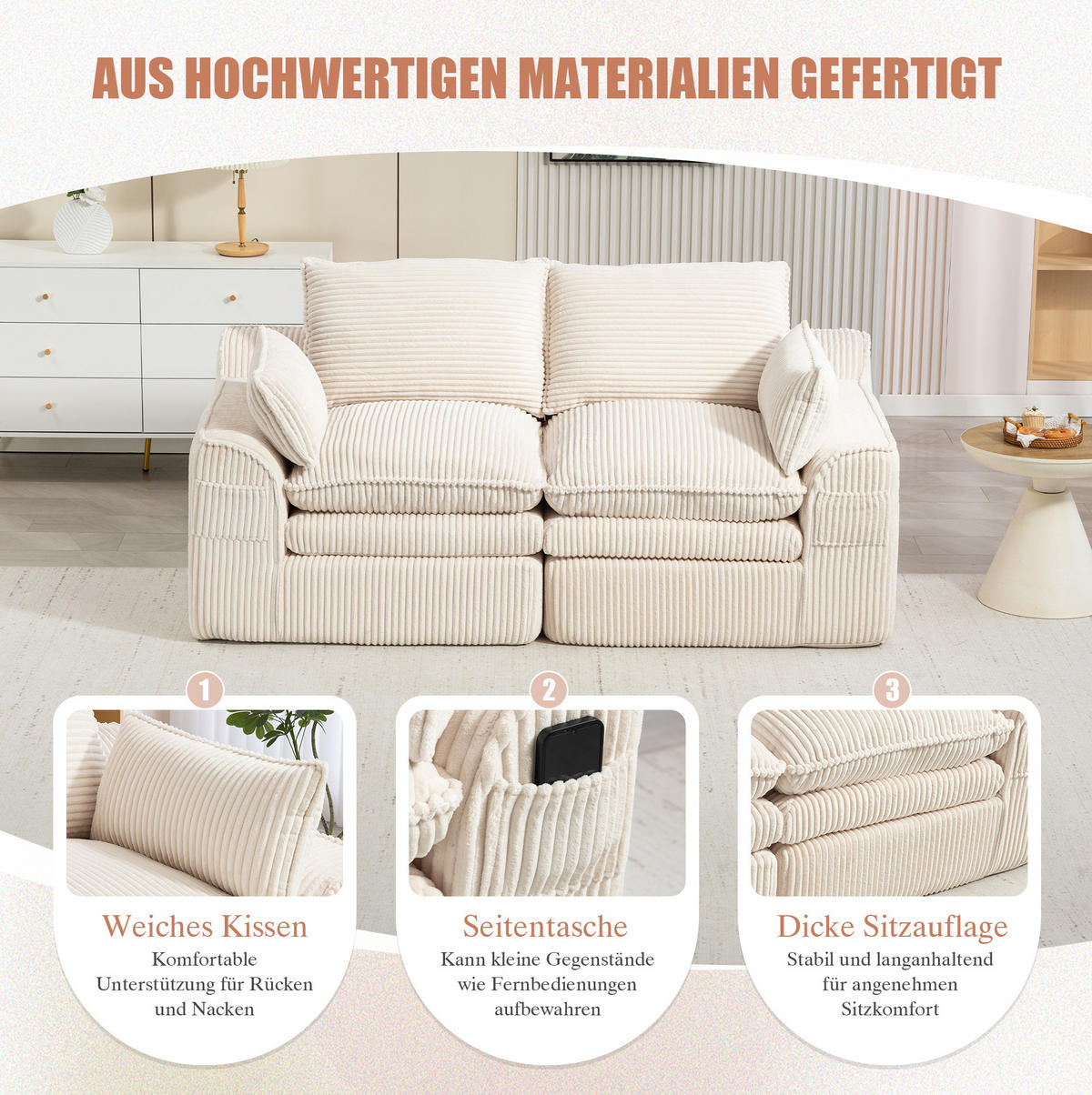2-SITZER Sofa 191/94/85 cm mit Seitentaschen, Kissen und Federkern, Cordbezug, Beige - Beige, Textil (191/85/94cm) - Redom
