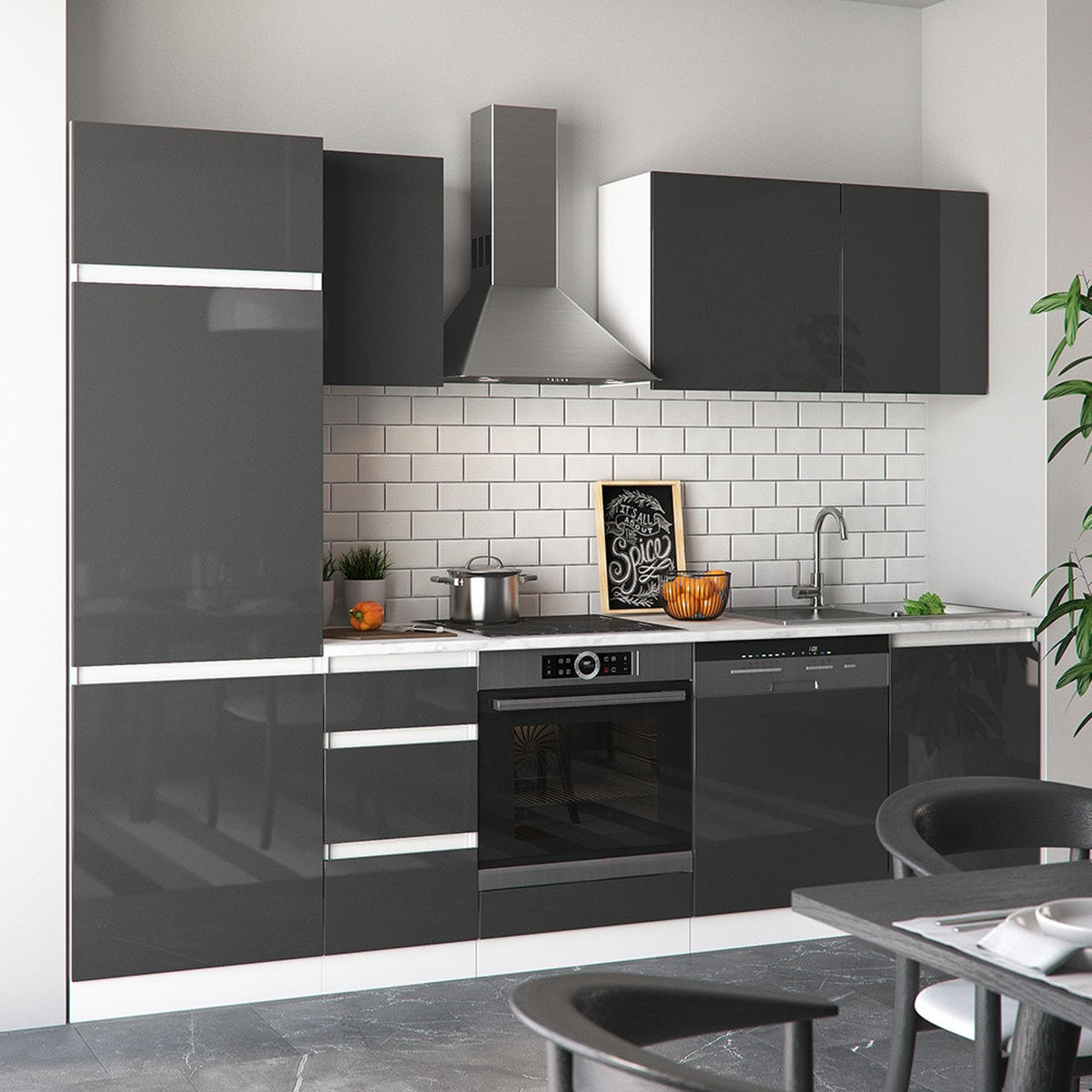 KUCHYNSKÝ KÚT Optima Antracit vysoký lesk/biela 270 cm bez pracovnej dosky, bezúchyt - biela/čierna s vysokým leskom, kompozitné drevo (270/81.6/57.7cm) - Vicco