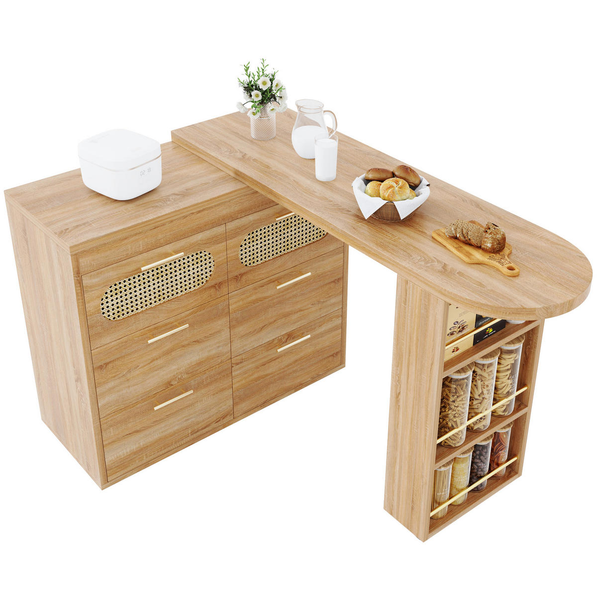 BARTISCH 128-203/39/90 cm drehbar mit 6 Schubladen, Ablagefach und Kippsicherung, MDF mit PE-Rattan, Natur - Naturfarben, Holzwerkstoff (39/203/90cm) - Redom