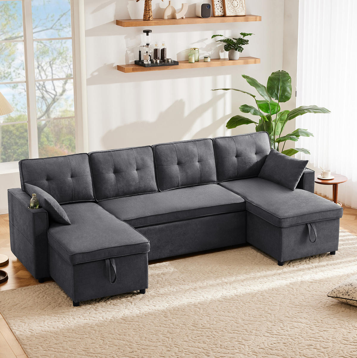SCHLAFSOFA U-Form, Baumwolle-Leinen mit Stauraum & Getränkehaltern, 270/130/86 cm, Grau - Grau, Textil (130/86/270cm) - Redom