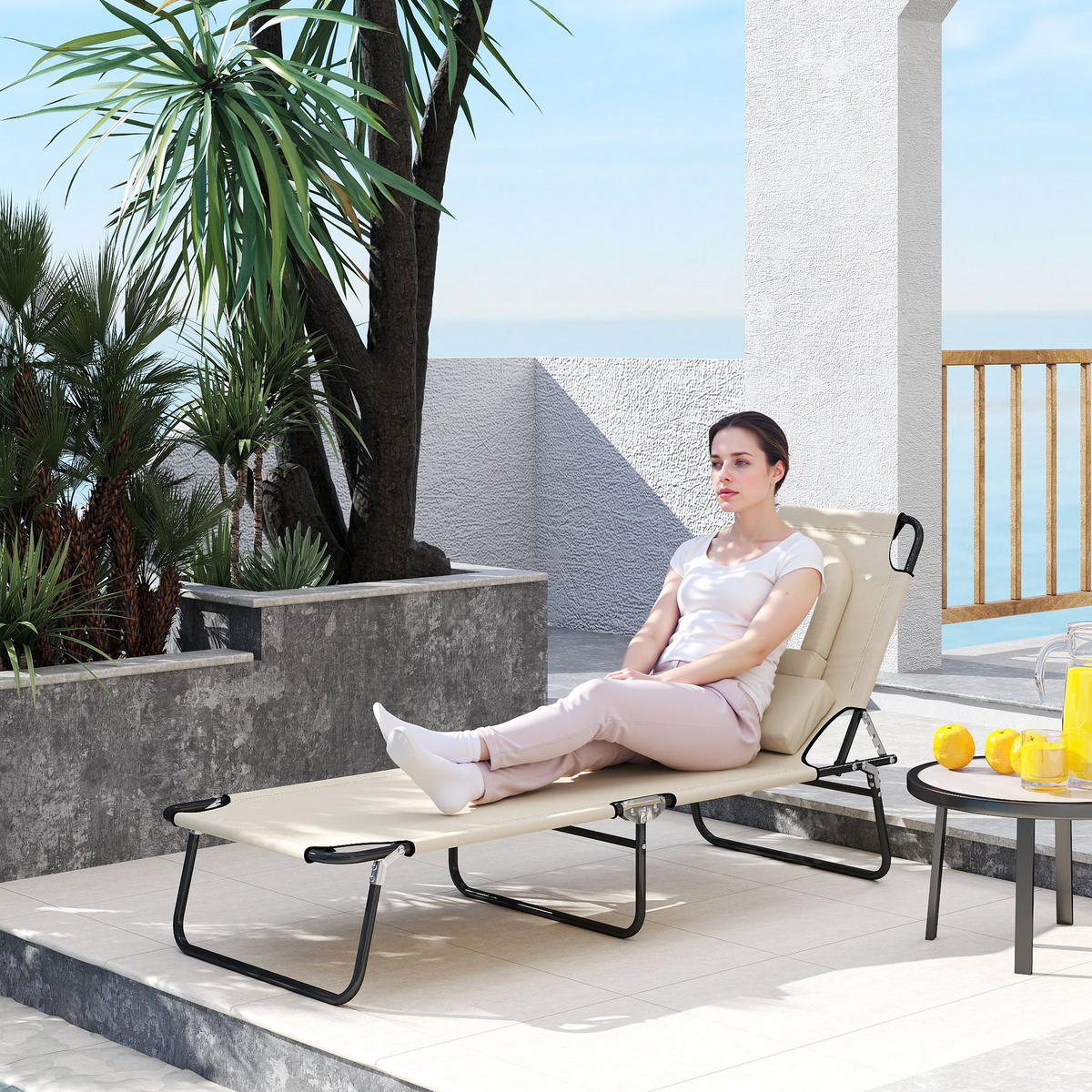 SONNENLIEGE klappbar mit Kopfkissen Beige - Schwarz Hochglanz/Beige, Textil/Metall (58/36/187cm) - Outsunny