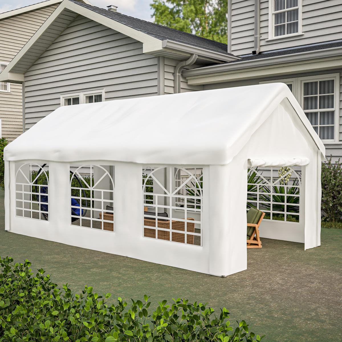 KLEINGARAGE aus PE Rattan, Eisen & wasserdichtem Stoff 3x6 m in Weiß - Weiß, Metall (299/283/598cm) - Modfu