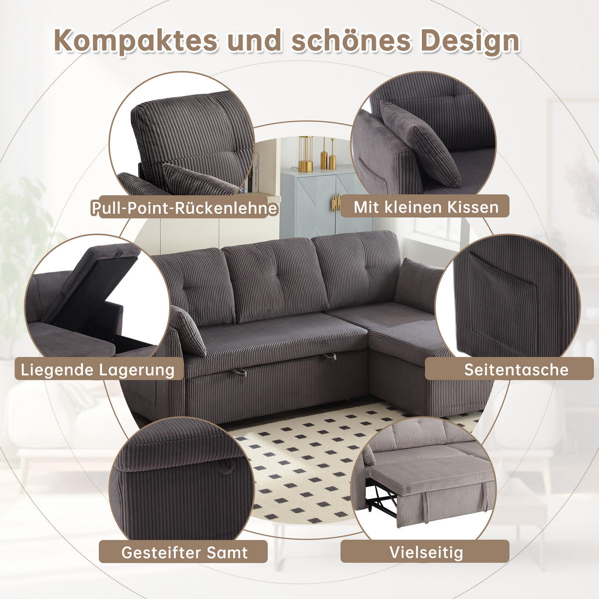 ECKSCHLAFSOFA Cord mit Stauraum und umstellbarer Ottomane Dunkelgrau 206/108/66 cm - Dunkelgrau, Textil (108/206cm) - Redom