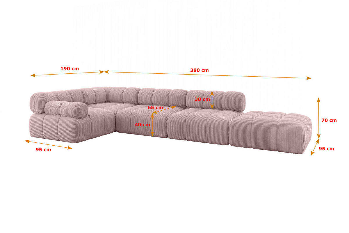 ECKSOFA modulares Sofa Felto-L2 - 380x190x70 cm Rosa Cord - Rosa, Holzwerkstoff/Textil (380/190cm) - ALTDECOR