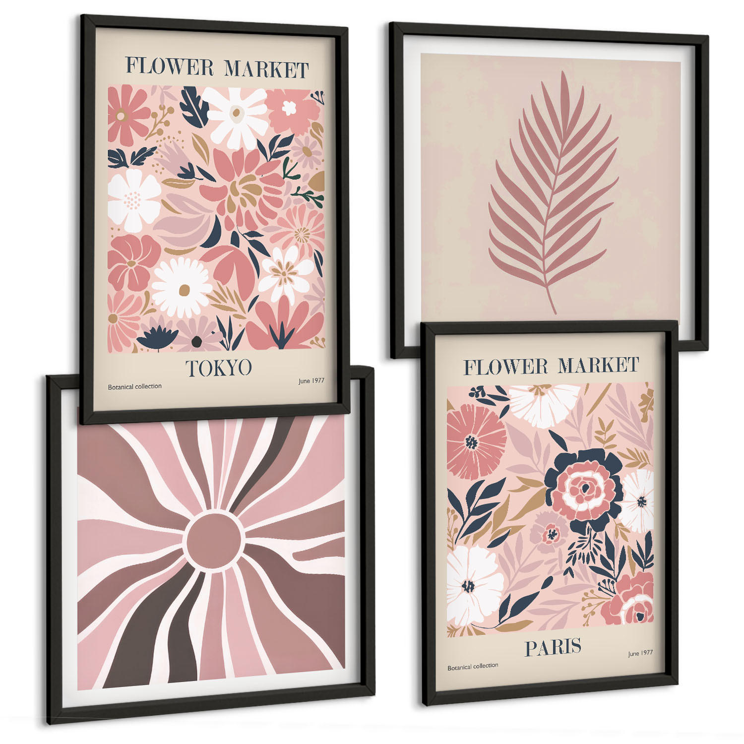 BILDER SET 4er Set - 50x50 cm & 40x60 cm Schwarzer Rahmen - Blumenmuster, Blätter, Geometrie - Schwarz, Kunststoff (50/50cm) - TULUP