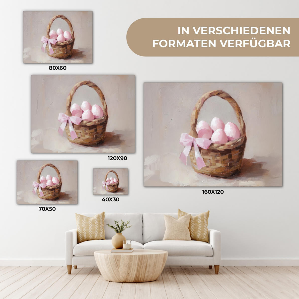 LEINWANDBILD Korb - Eier - Rosa Wandbilder 80x60 cm - Beige, Textil (80/60cm) - MuchoWow