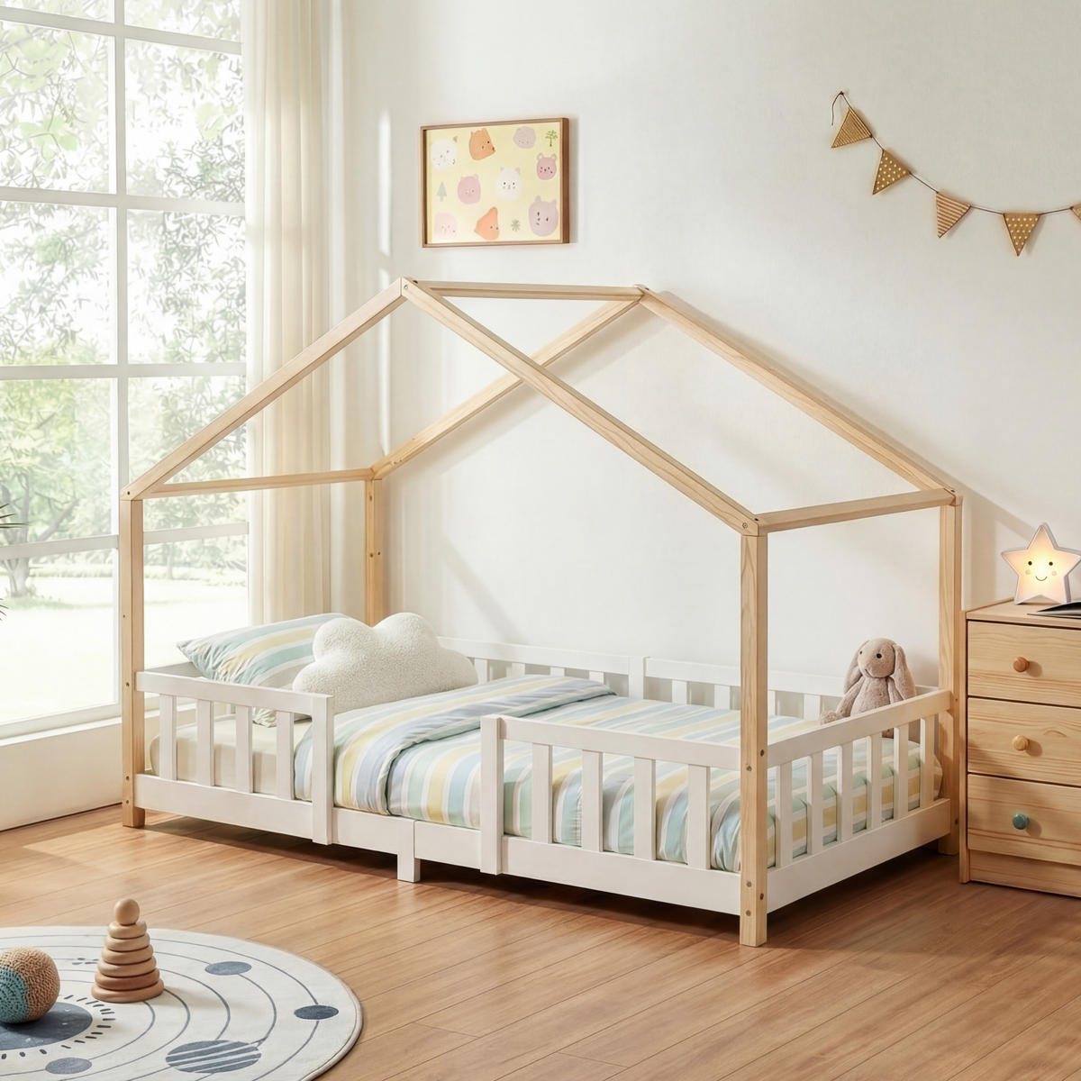 HAUSBETT Treviolo - Weiß/Naturfarben, Holz (90/200cm) - [en.casa]
