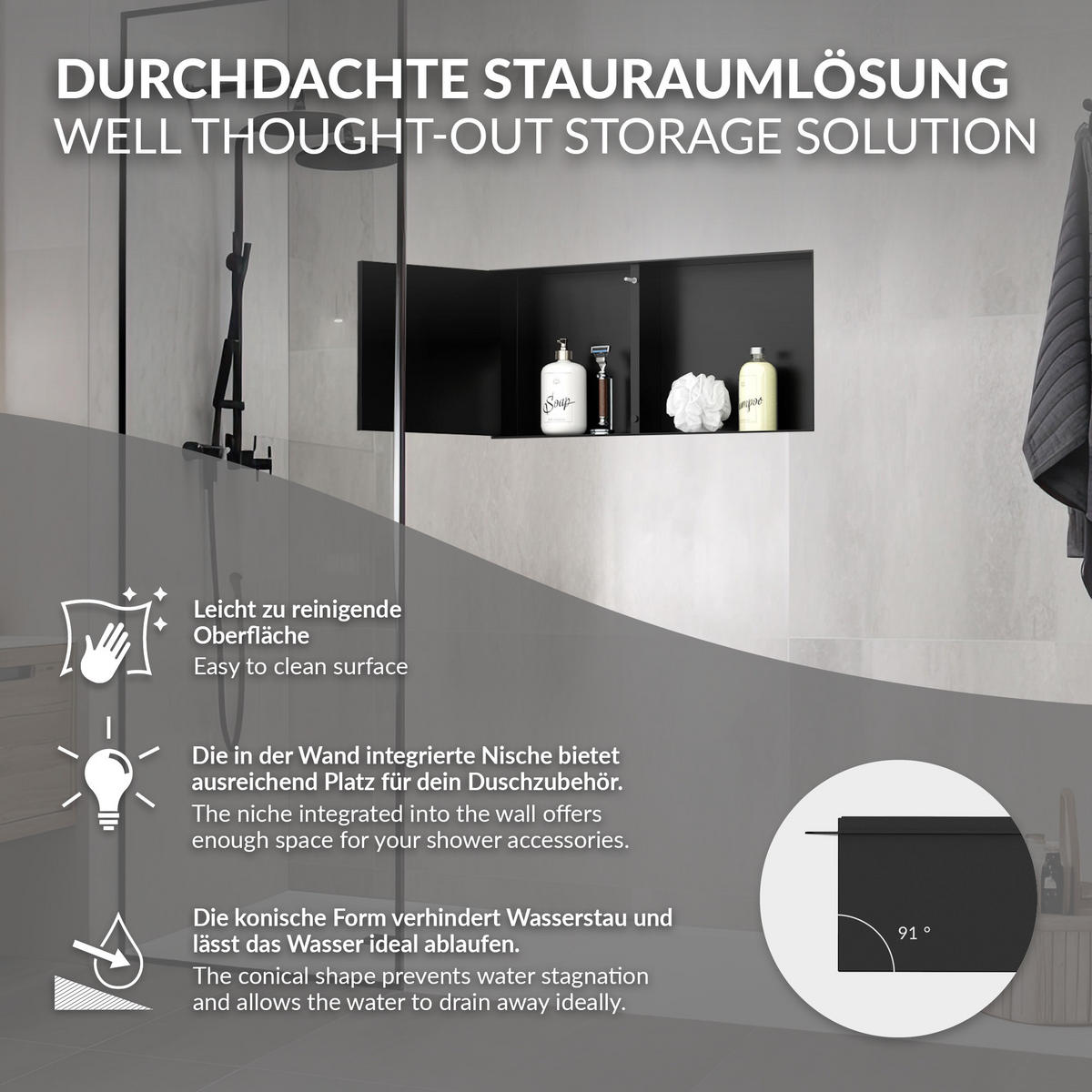 SPRCHOVÁ NIKA z nerezové oceli s obkladovými dvířky, černá, 25,5/55,5 cm - černá, kov (60/10/30cm) - LuxeBath