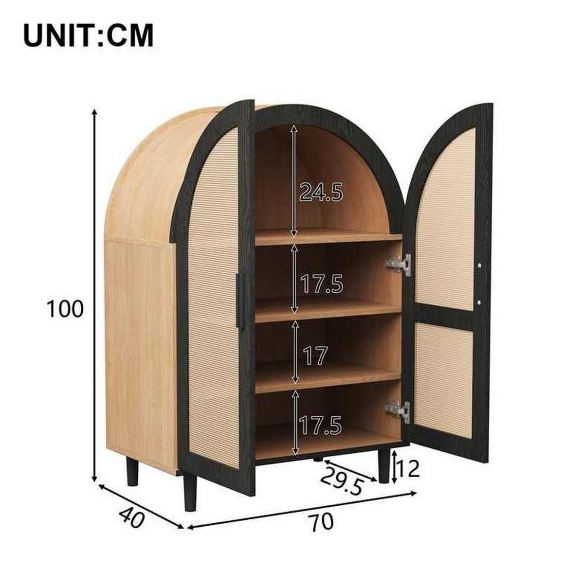SCHUHSCHRANK 70/40/100 cm natur/schwarz aus MDF und Holzwerkstoff mit Rattantüren - Naturfarben, Holzwerkstoff (70/100/40cm) - OKWISH