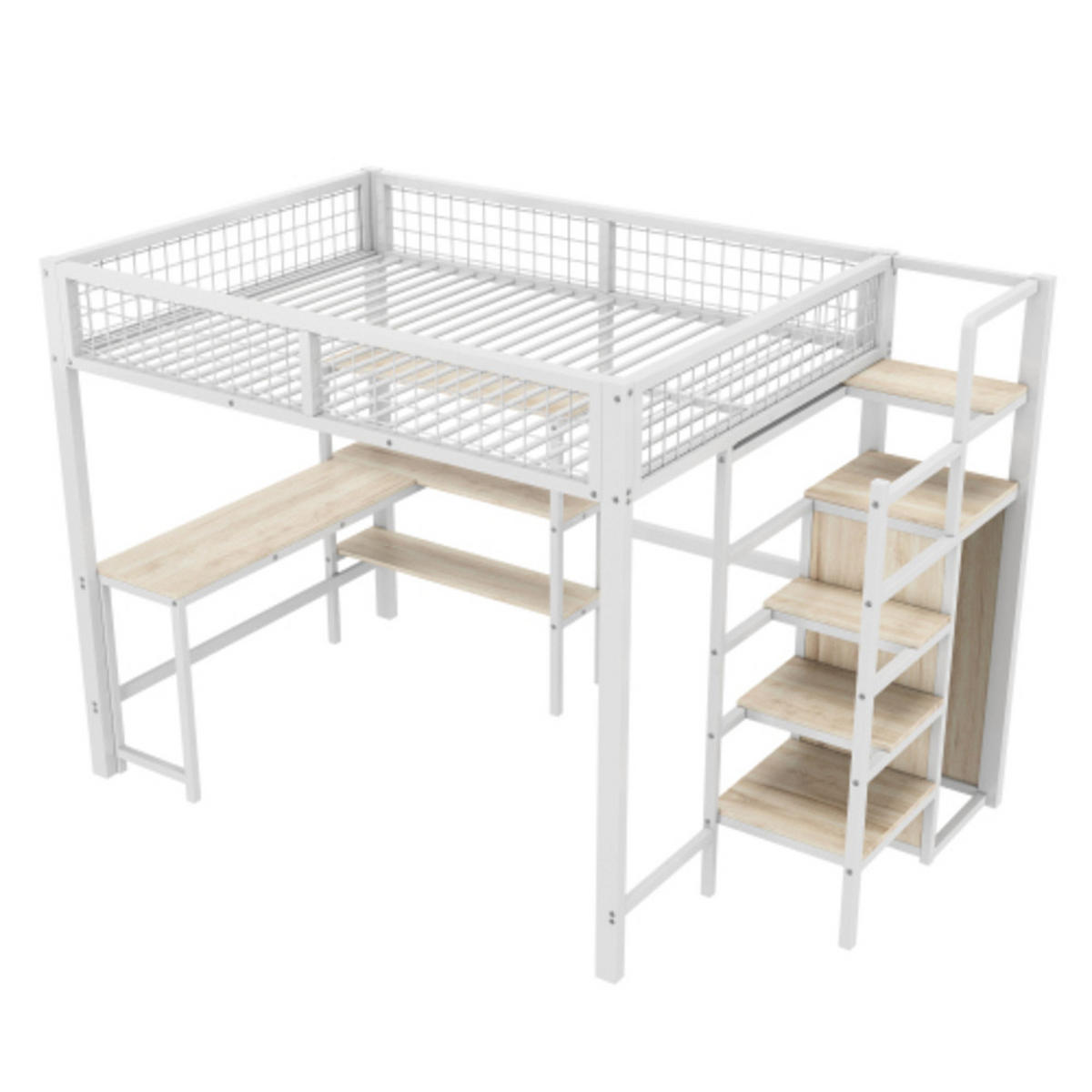 HOCHBETT 140 × 200 cm aus Metall und MDF mit Schreibtisch, Regalen und Kleiderschrank, weiß - Weiß, Holzwerkstoff - Luhomfu