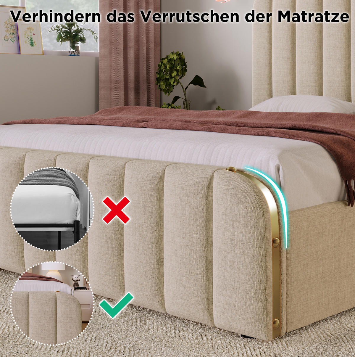 POLSTERBETT 90/200 cm Beige mit 4 Schubladen und USB- und Type-C-Anschlüssen - Beige, Textil (90/200cm) - Flora Grace