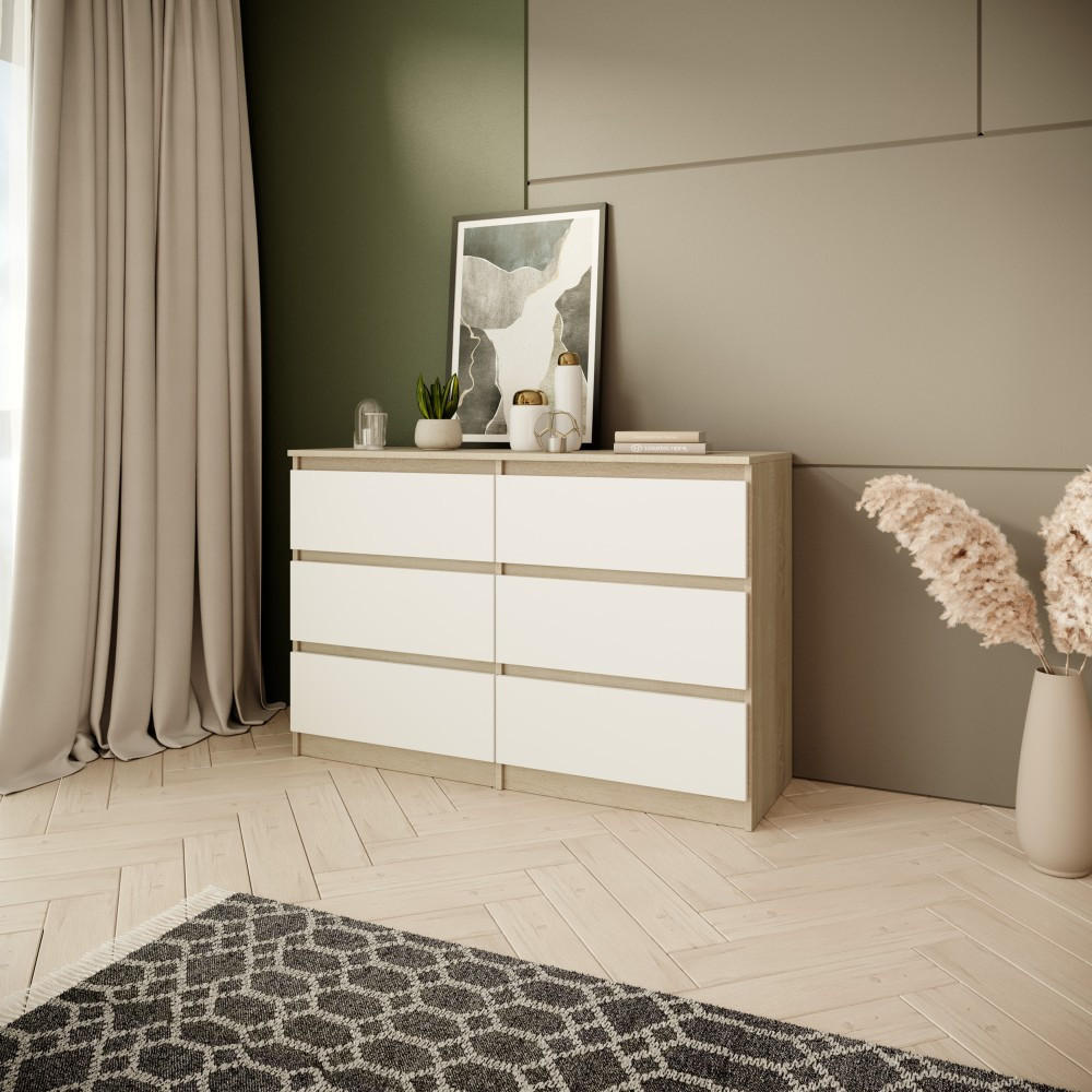 KOMMODE Look 100 cm mit sechs Schubladen, eiche Sonoma+weiß - Weiß/Sonoma Eiche, Holzwerkstoff (100/71/33cm) - Beautysofa