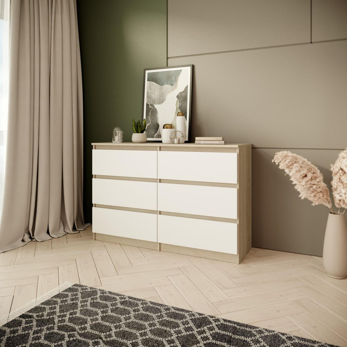 KOMMODE Look 100 cm mit sechs Schubladen, eiche Sonoma+weiß - Weiß/Sonoma Eiche, Holzwerkstoff (100/71/33cm) - Beautysofa