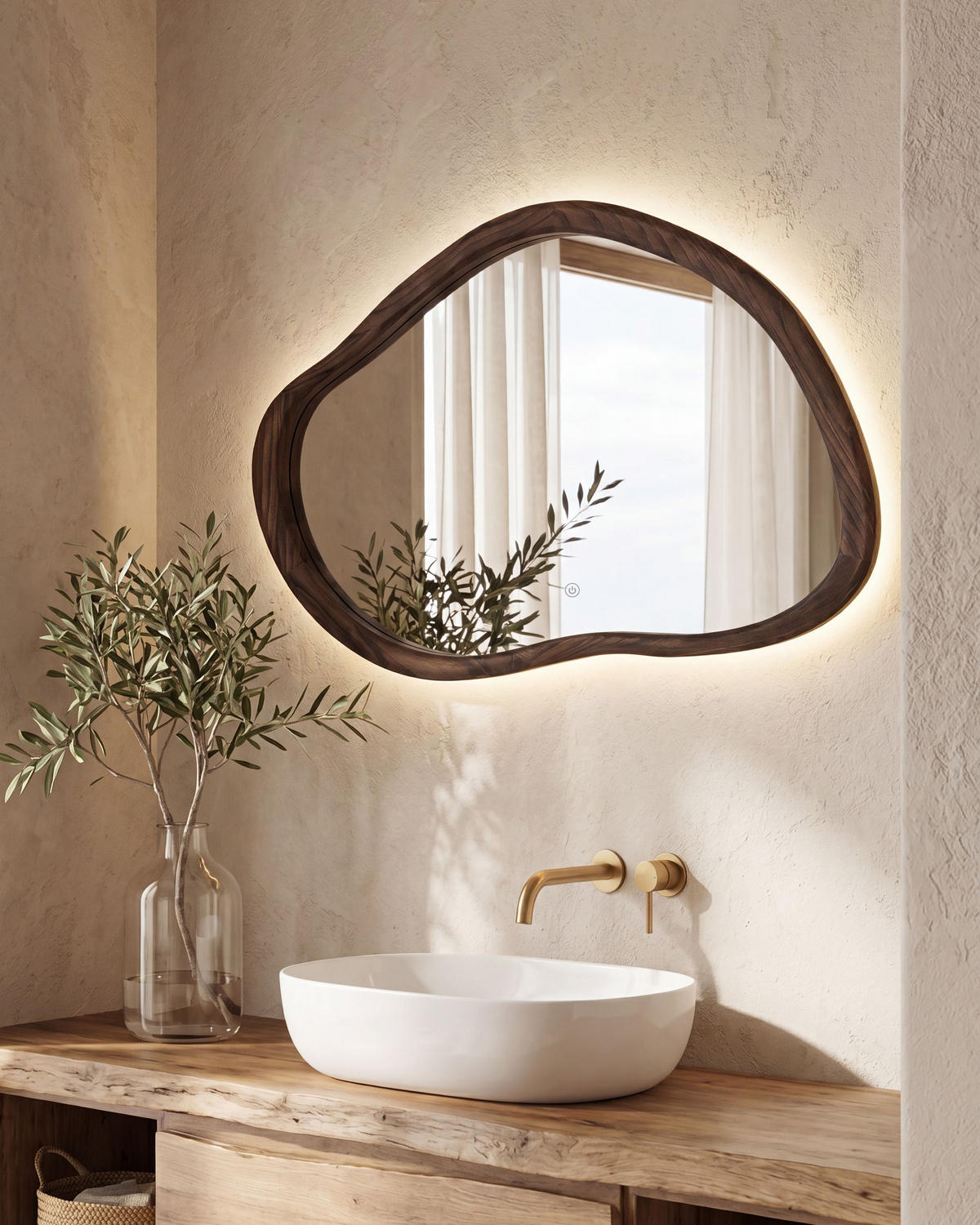 OGLINDĂ DE BAIE CU LED 93/60 cm maro închisă Mancey - maro/argintiu, sticlă (93/60/3cm) - Beliani