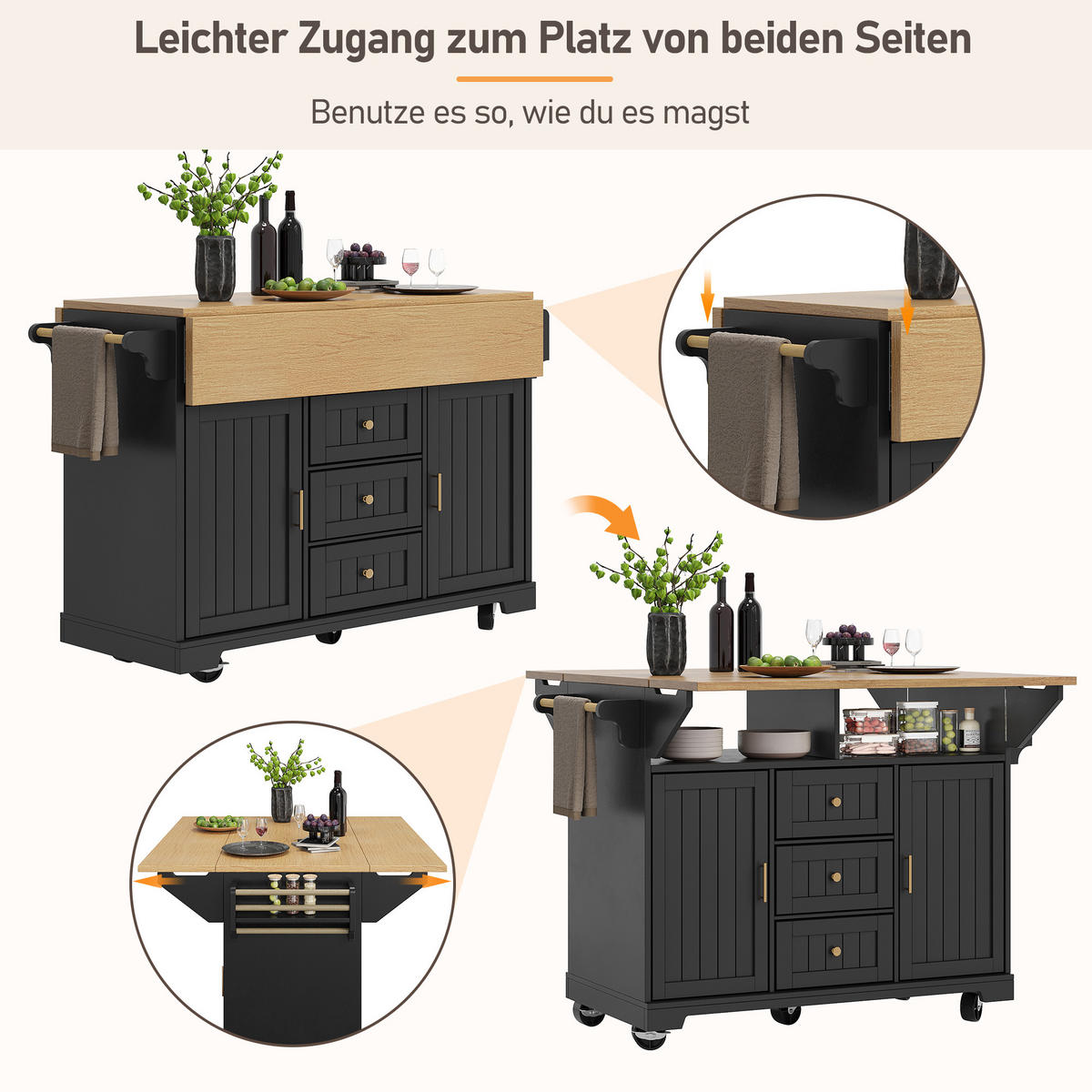 KÜCHENINSEL mit Rollen 120/40(65)/95 cm Schwarz mit 3 Schubladen, Klappblatt und Gewürzregal - Schwarz, Holz/Holzwerkstoff (120/95/40cm) - Oxeza