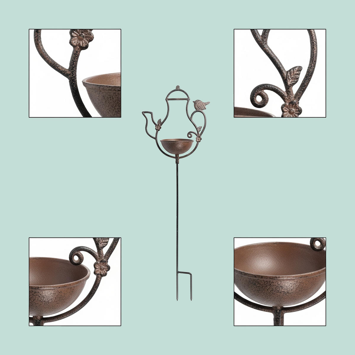 VOGELTRÄNKE Braun Gusseisen Teekannen-Design - Braun, Metall (27/86/13cm) - Relaxdays