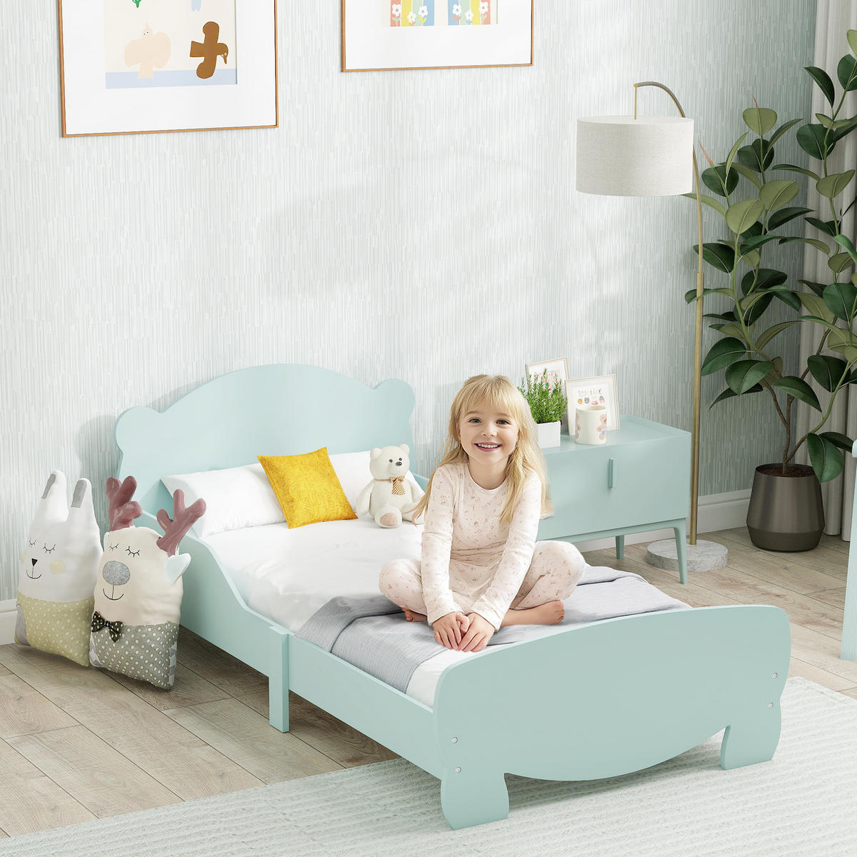 KINDERBETT 140x70 cm DE-14657 mit Schutzbügeln & Bären-Design Grün - Grün, Holzwerkstoff (70/140cm) - ComfortXL
