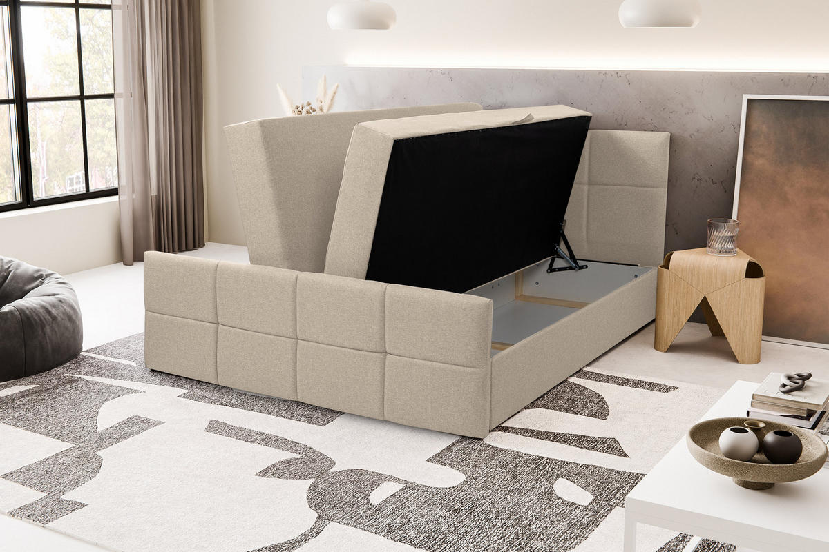 BOXBETT DORIS mit 2 Bettkästen, 160x200, Farbe: Beige, Velourstoff, mit Bonell-Matratze inkl. Topper - Beige, Holz/Kunststoff (160/200cm) - VENASI MÖBEL