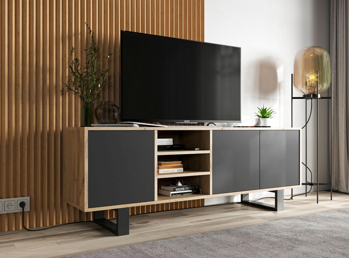 TV-LOWBOARD Apollo Eiche wotan Schwarz Matt mit Metallbeinen 150 cm - Schwarz, Holzwerkstoff/Metall (150/53/35cm) - Meble Lindner